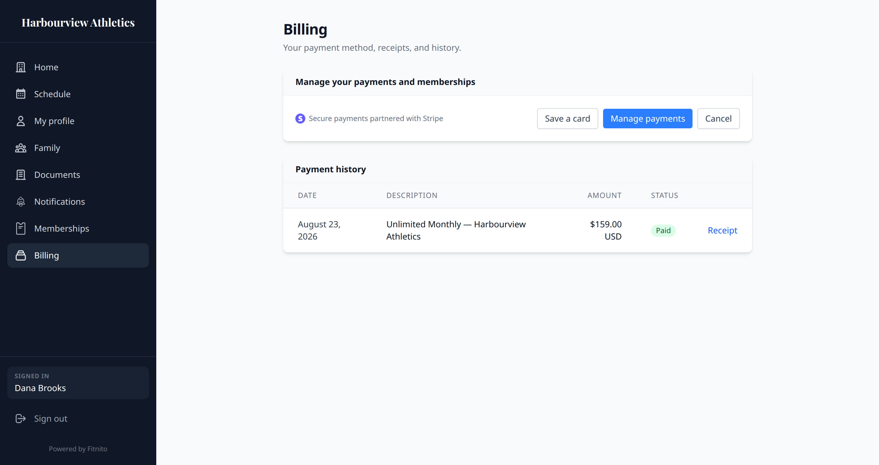 Billing page with Manage payments and Cancel