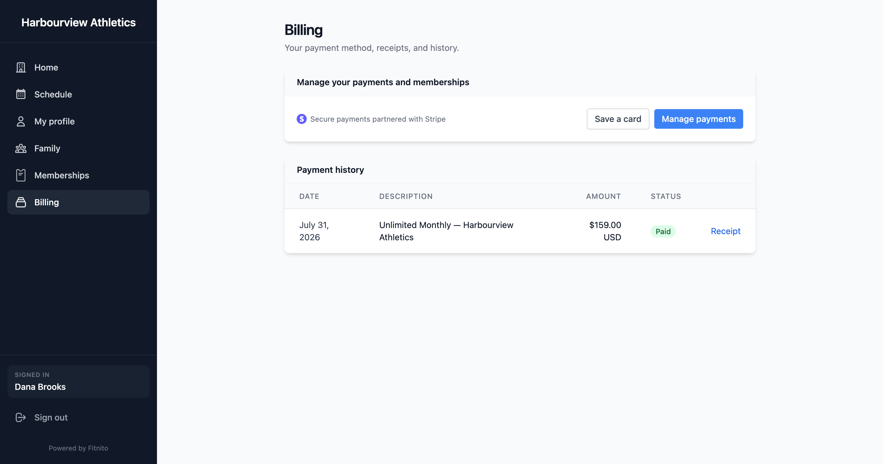 Member billing page with payment history and manage-card action