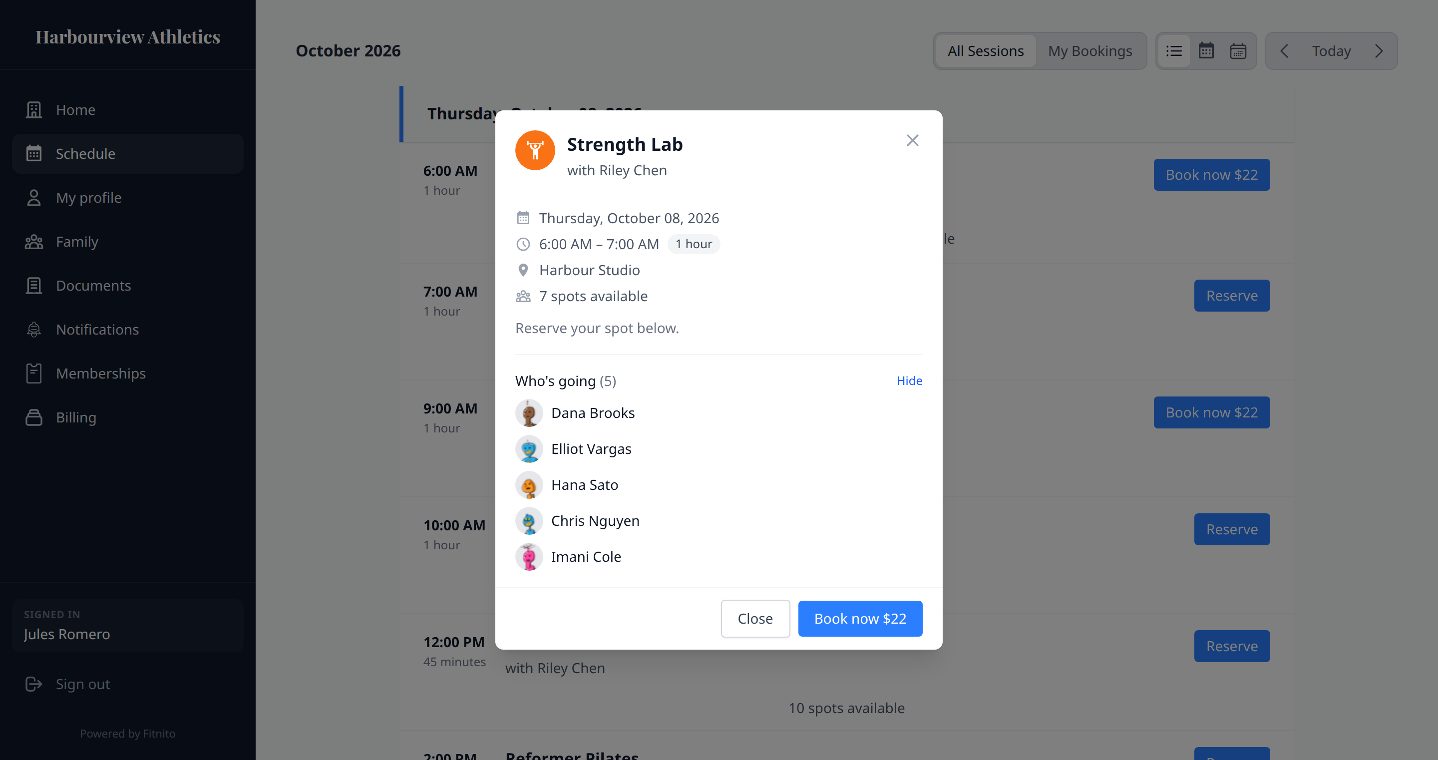 Class details with a Book now button