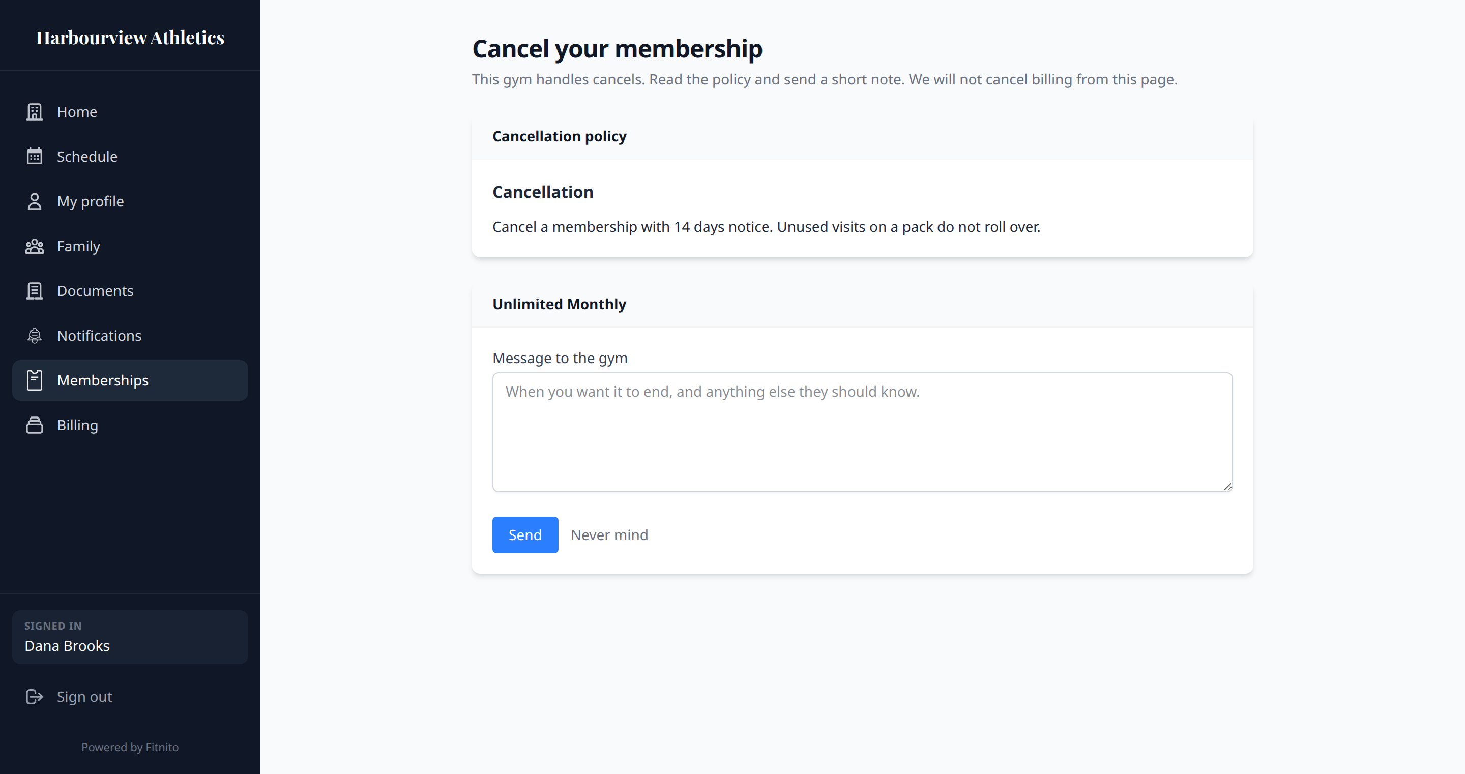 Cancel request page with cancellation policy and a message to the gym