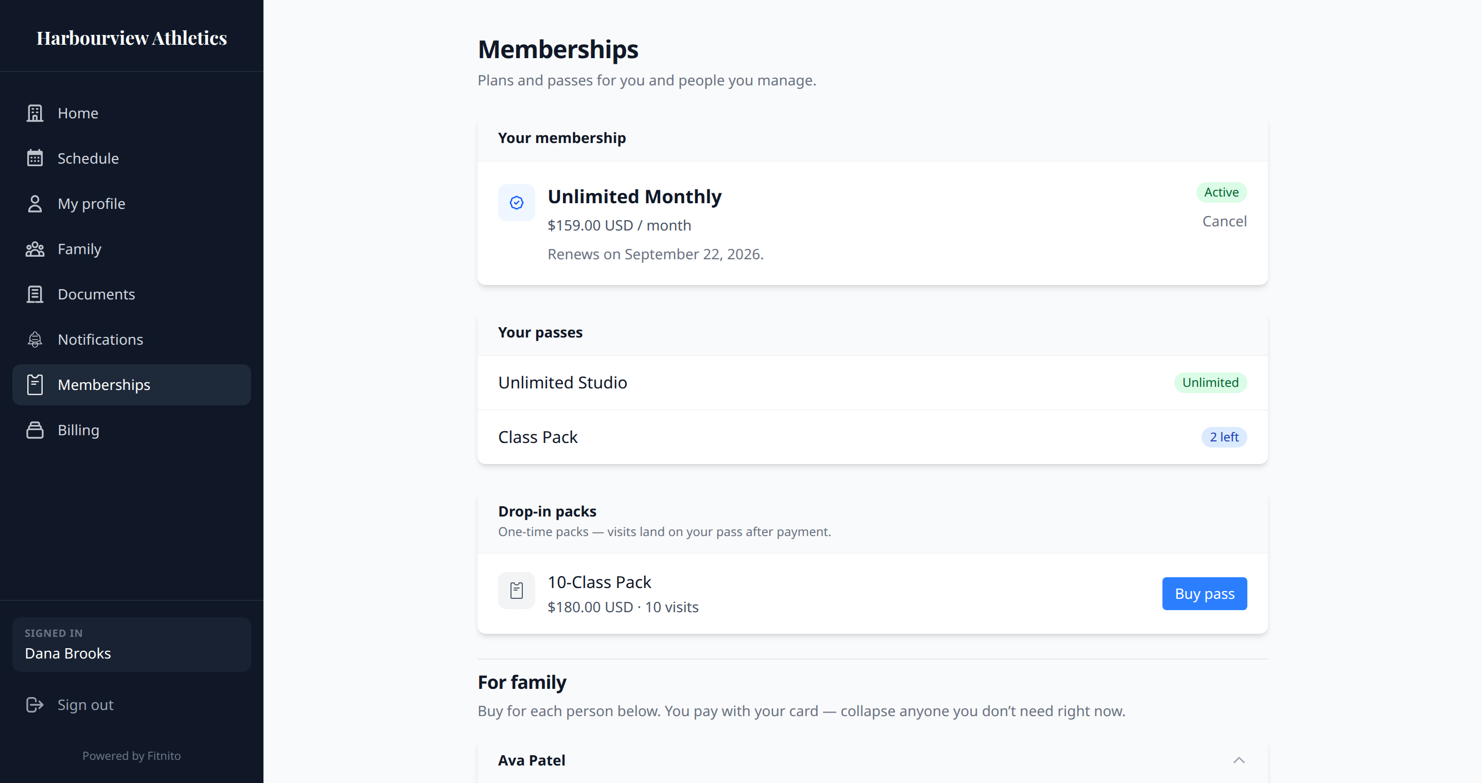 Booking-site Memberships page with Cancel on the plan