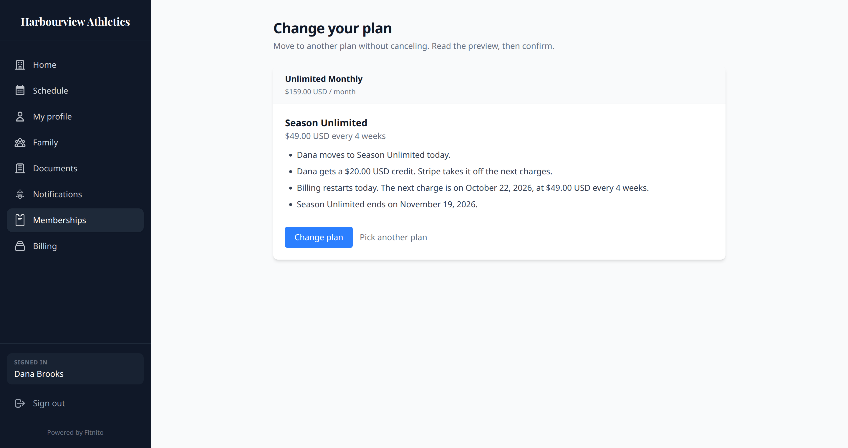 Change plan preview with charge and Confirm