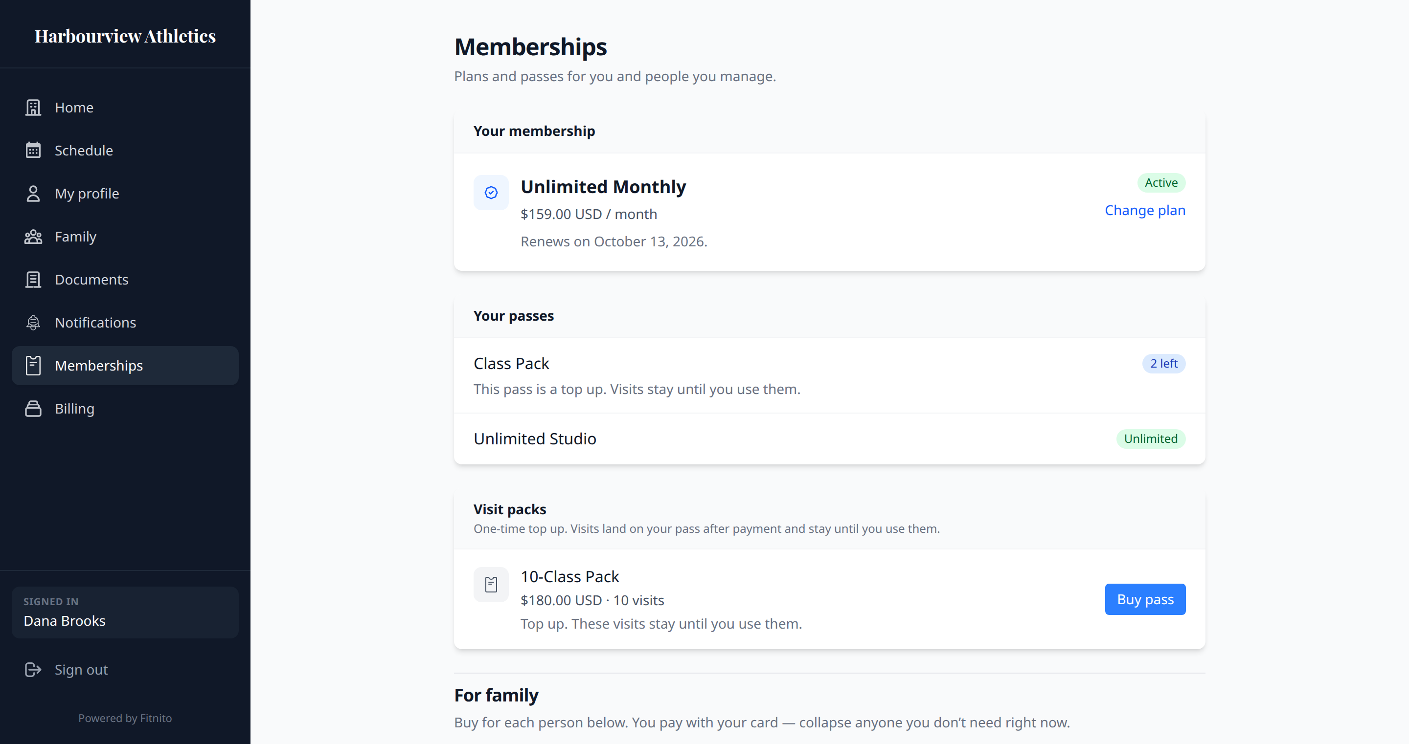 Memberships page with Change plan on the current plan