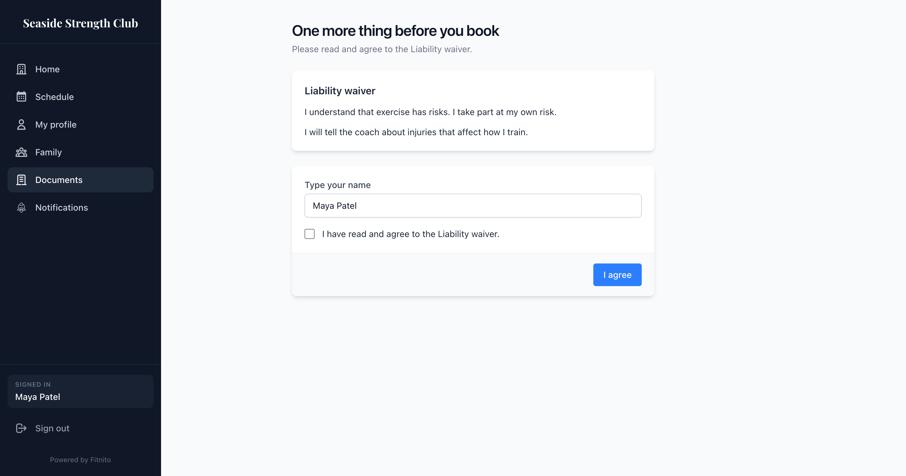 Agree form for a waiver on the booking site