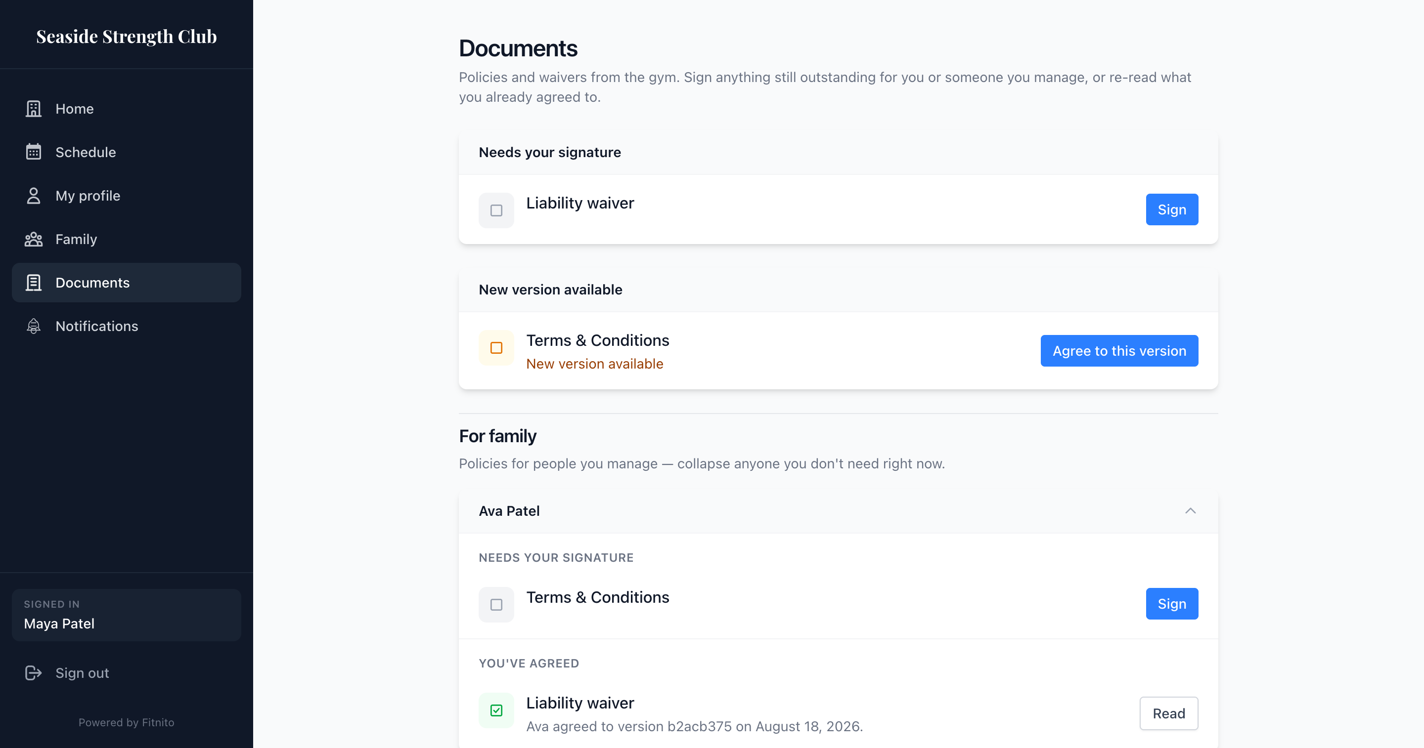 Documents page on the gym booking site