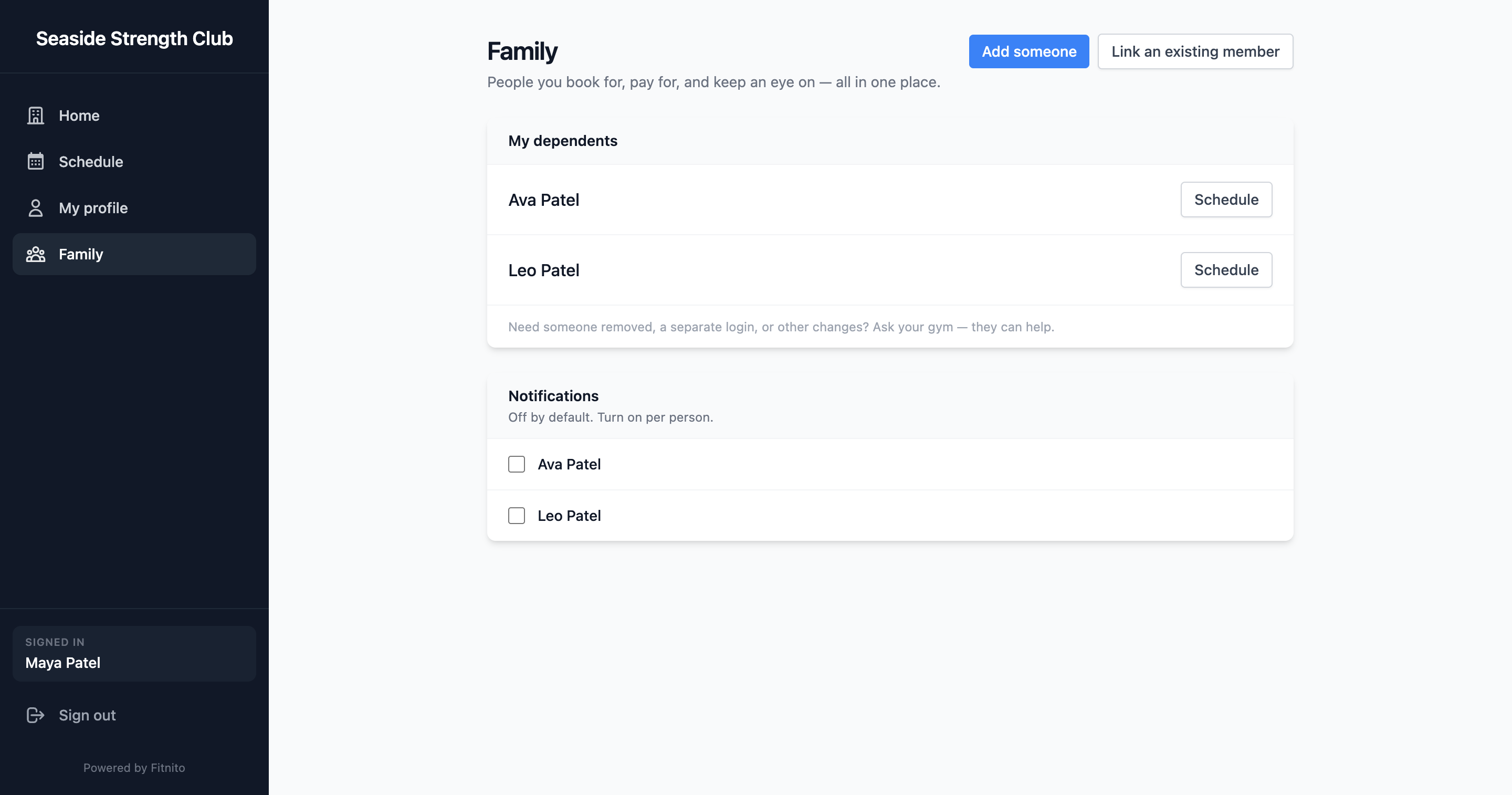 Family page listing kids a parent manages