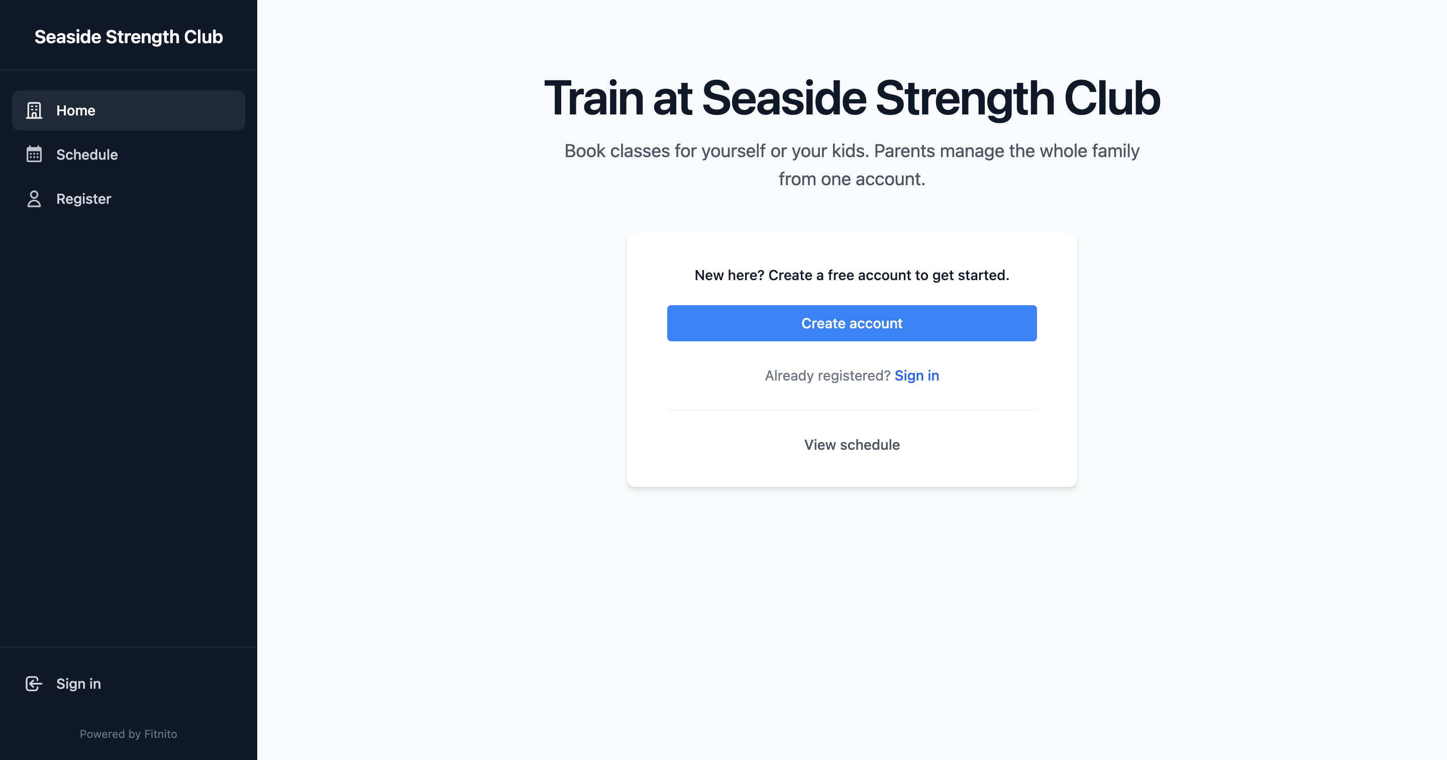 A gym landing page where members sign in or create an account