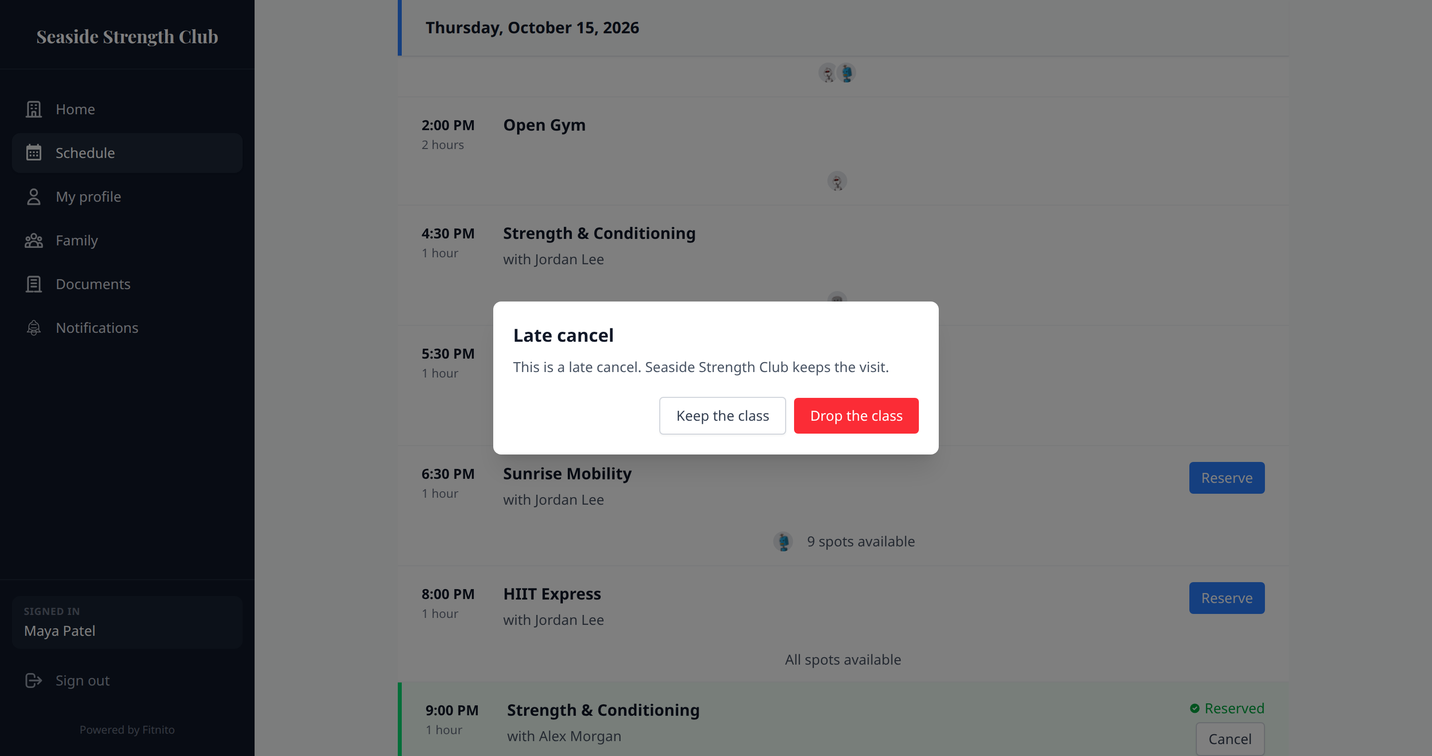 Late cancel dialog telling the member the gym keeps the visit
