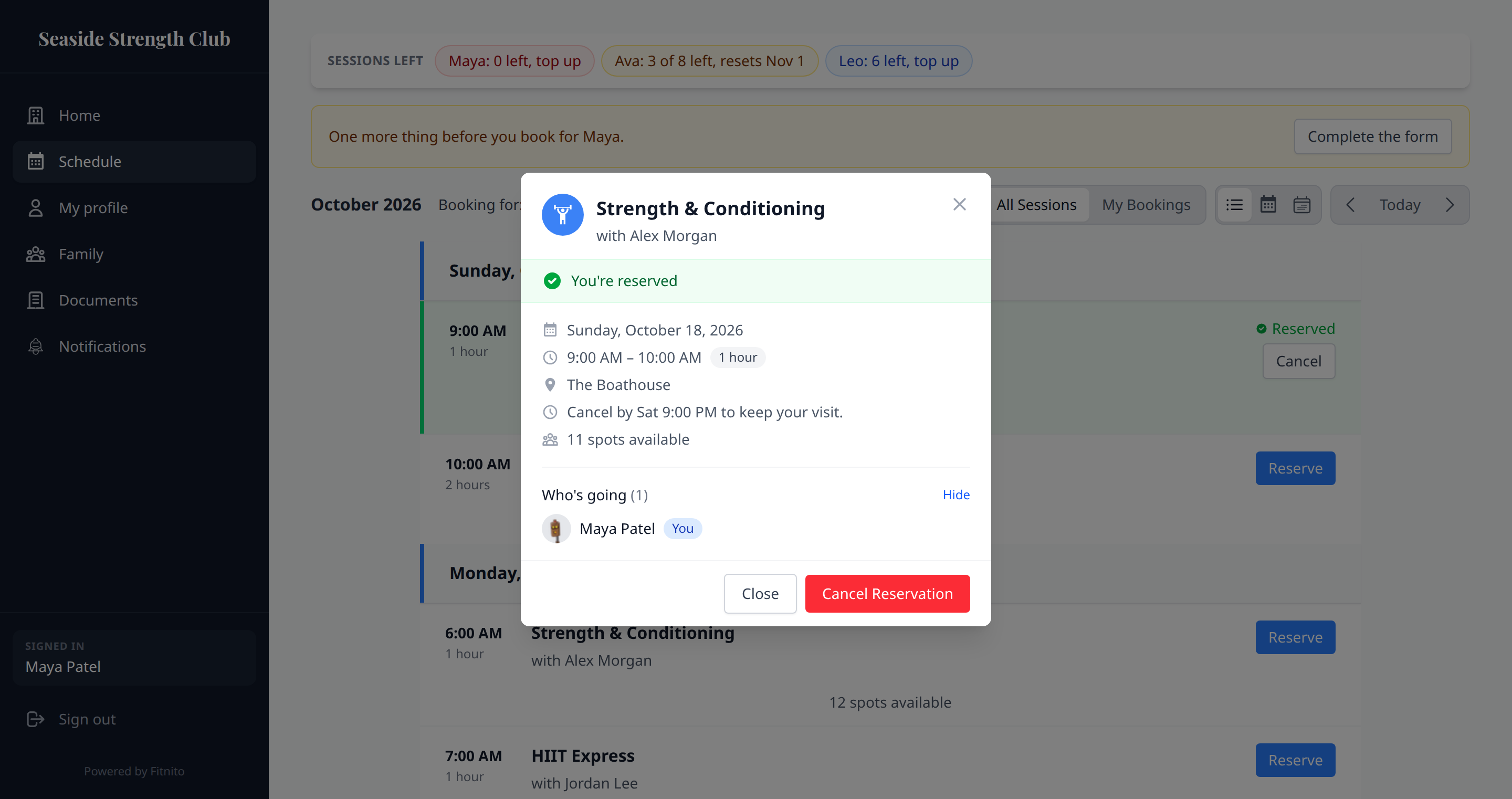 Class panel on the booking site saying when to cancel to keep the visit