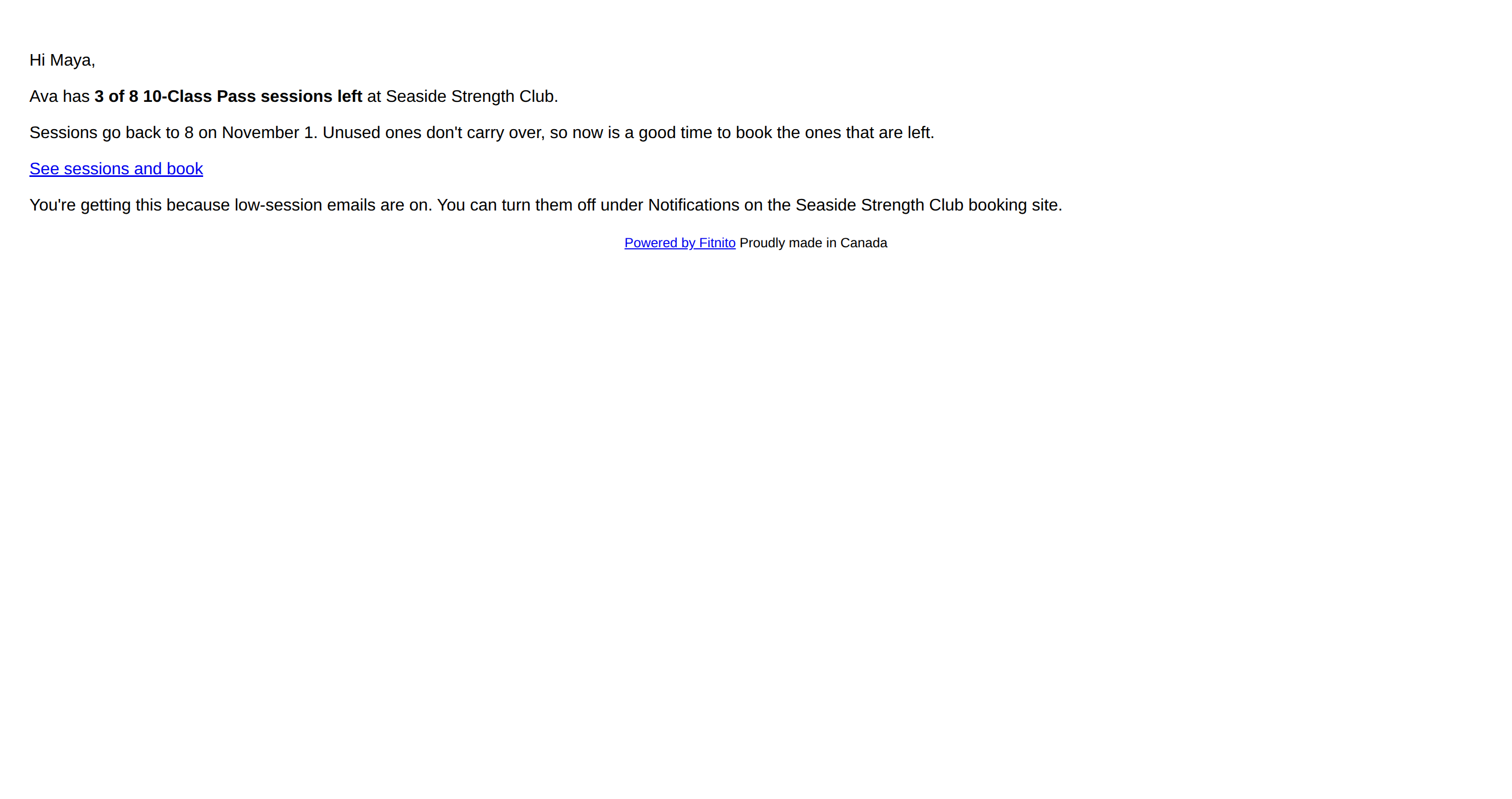 Email telling a parent how many sessions are left and when they reset