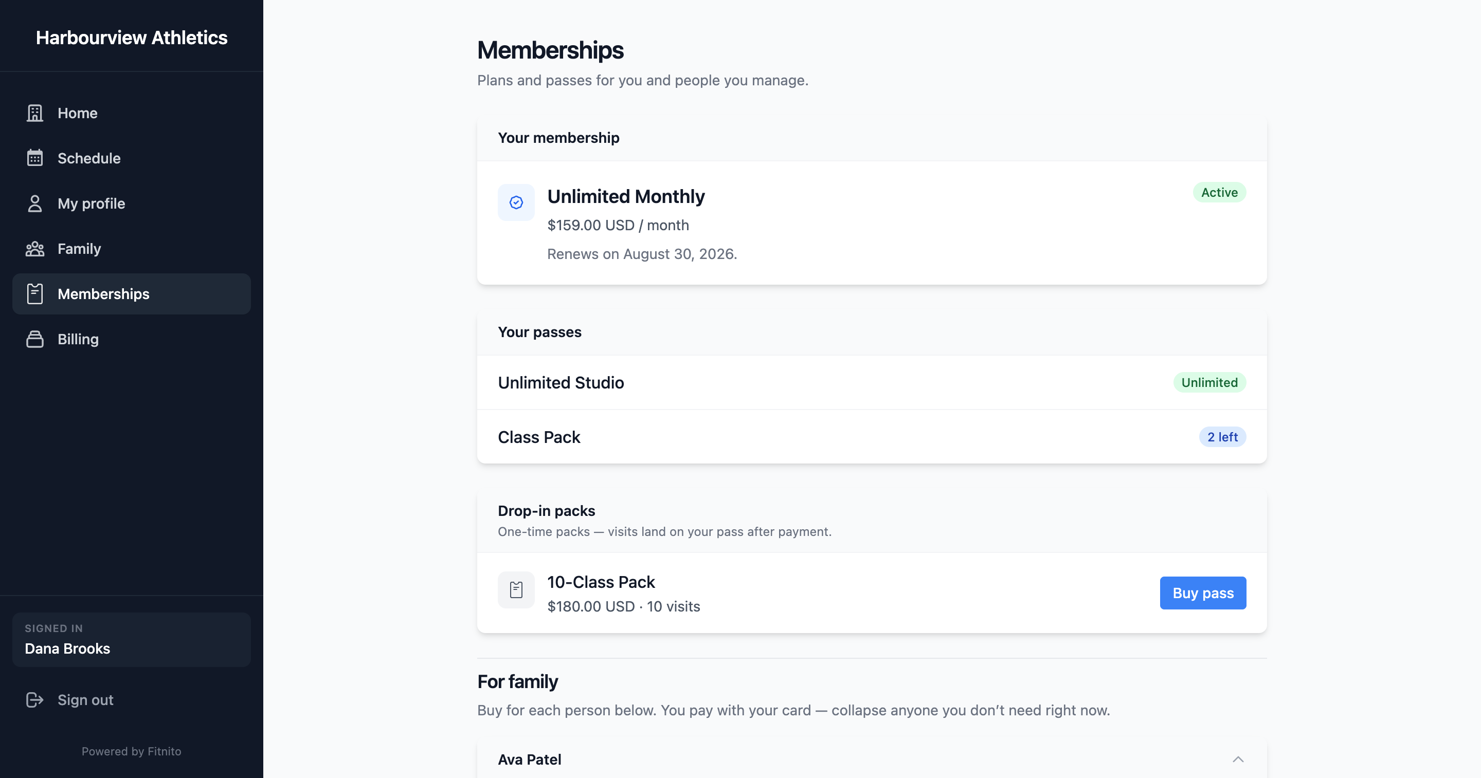 Member memberships page showing the current plan and available packs