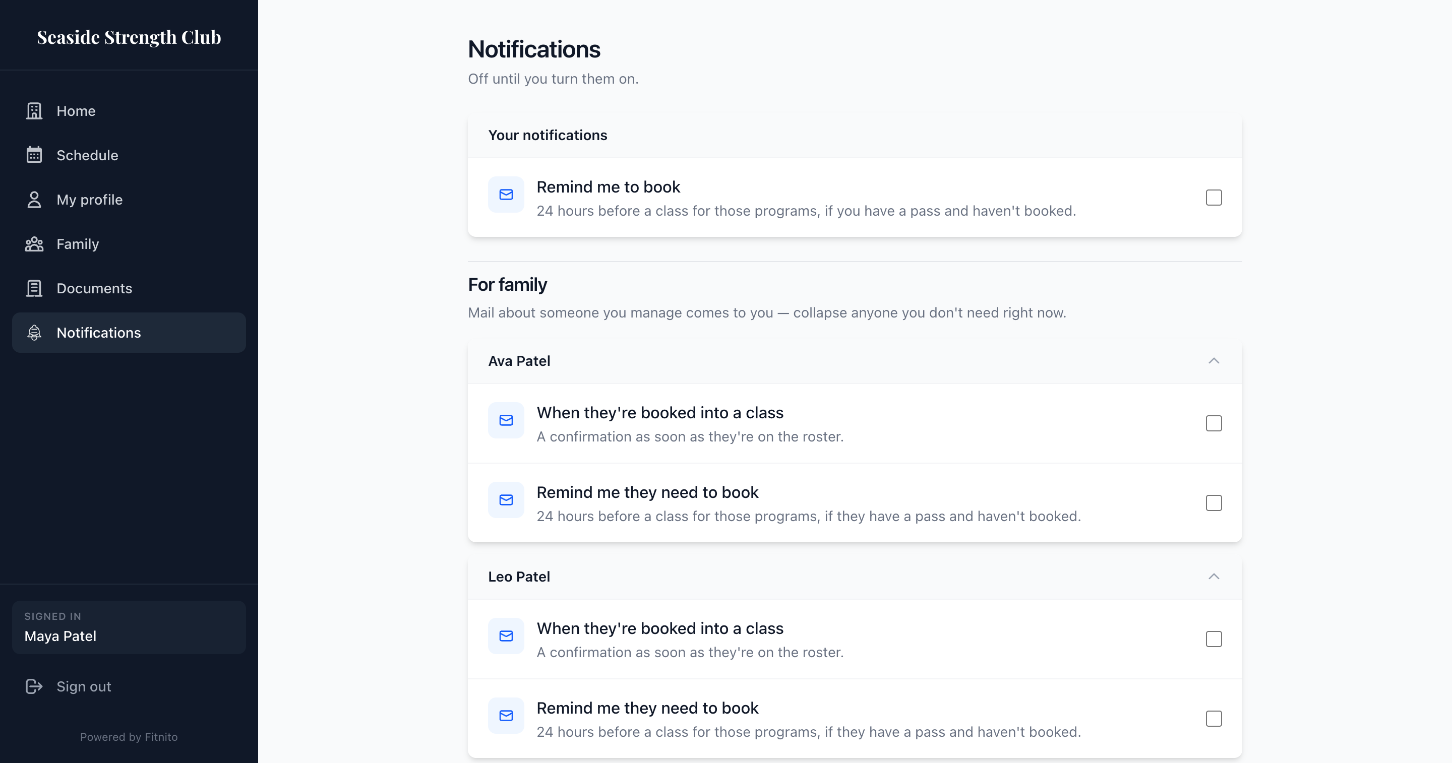 Notifications page for you and family
