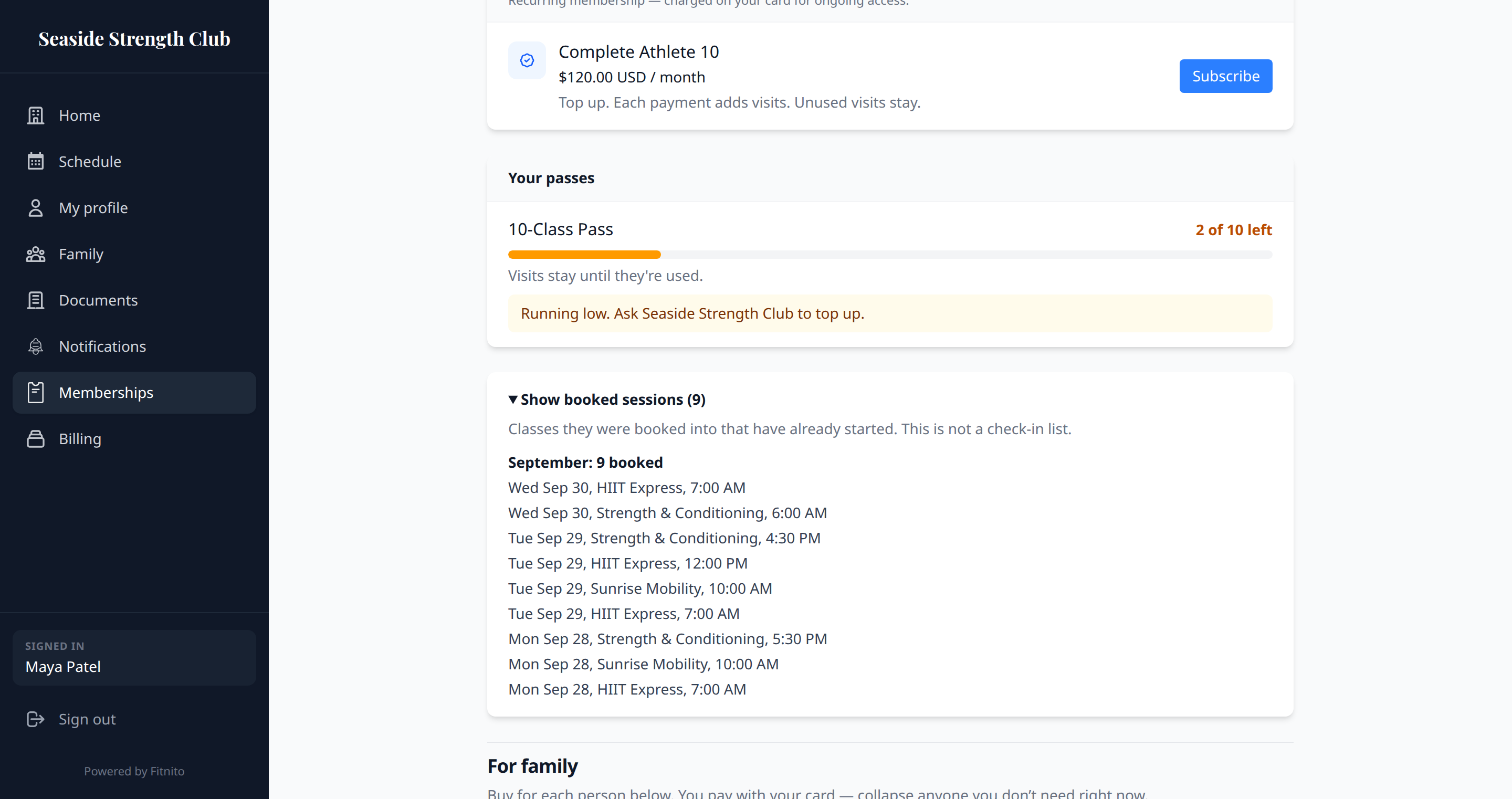 Memberships page with a sessions-left meter and booked sessions