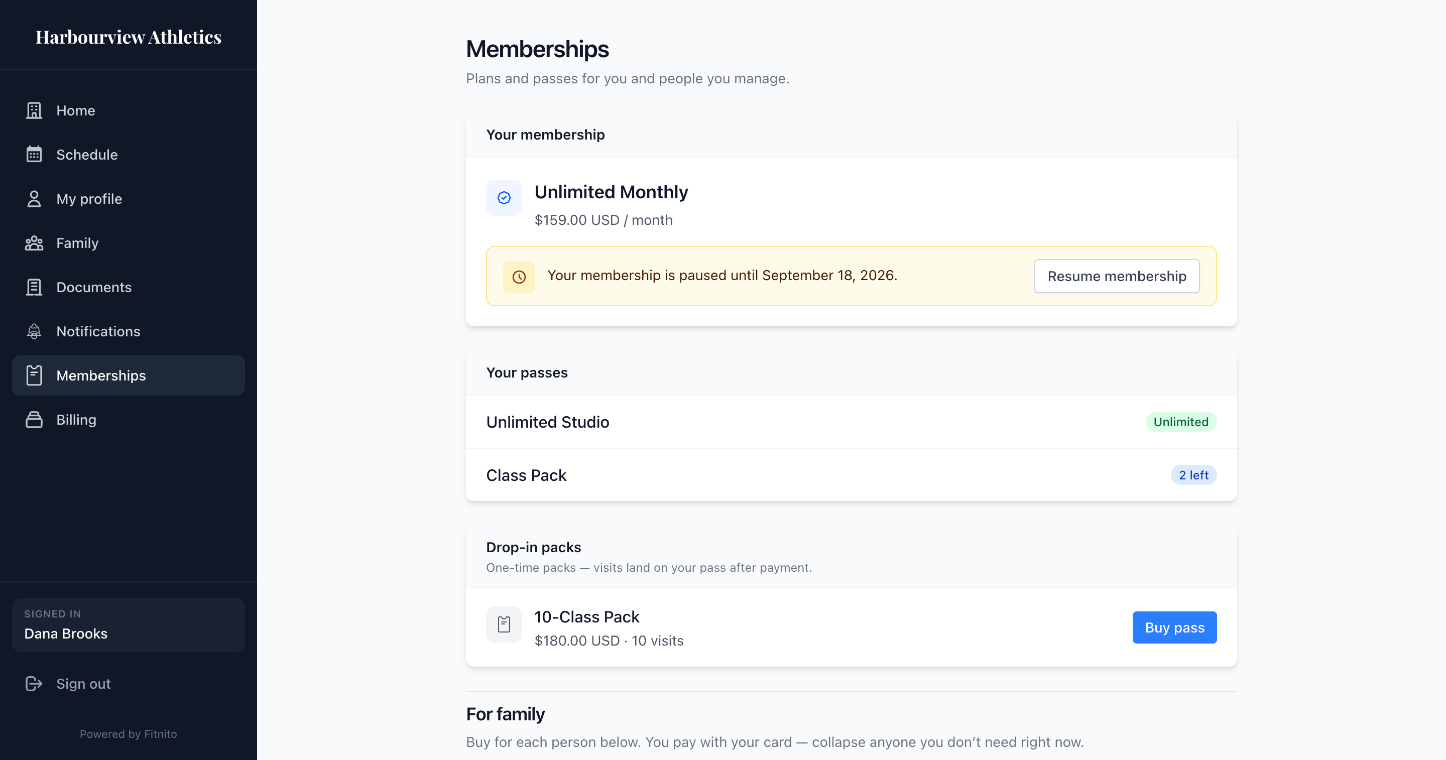 Booking-site membership paused until a date, with Resume