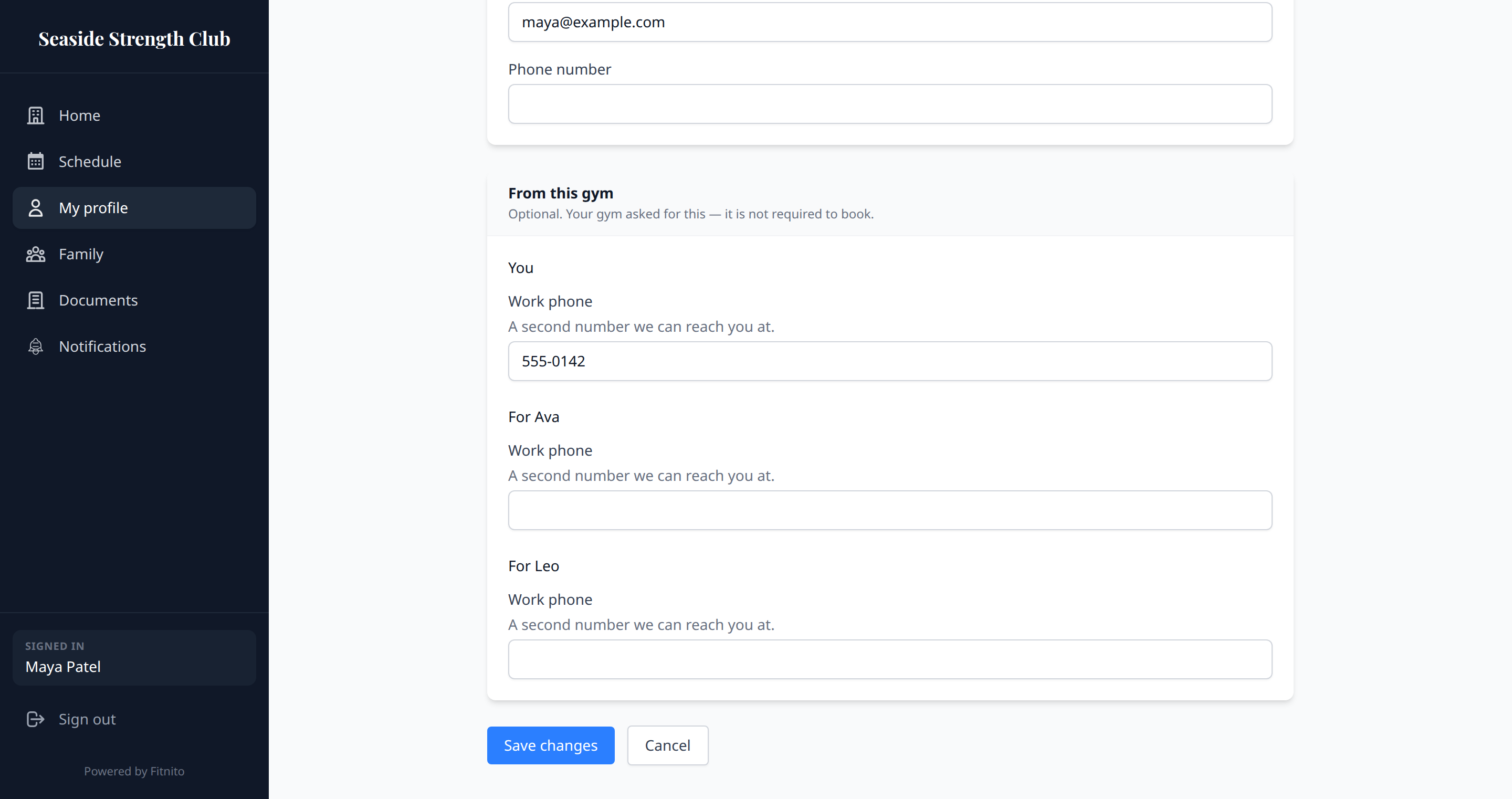 Member fill-in form for gym extras