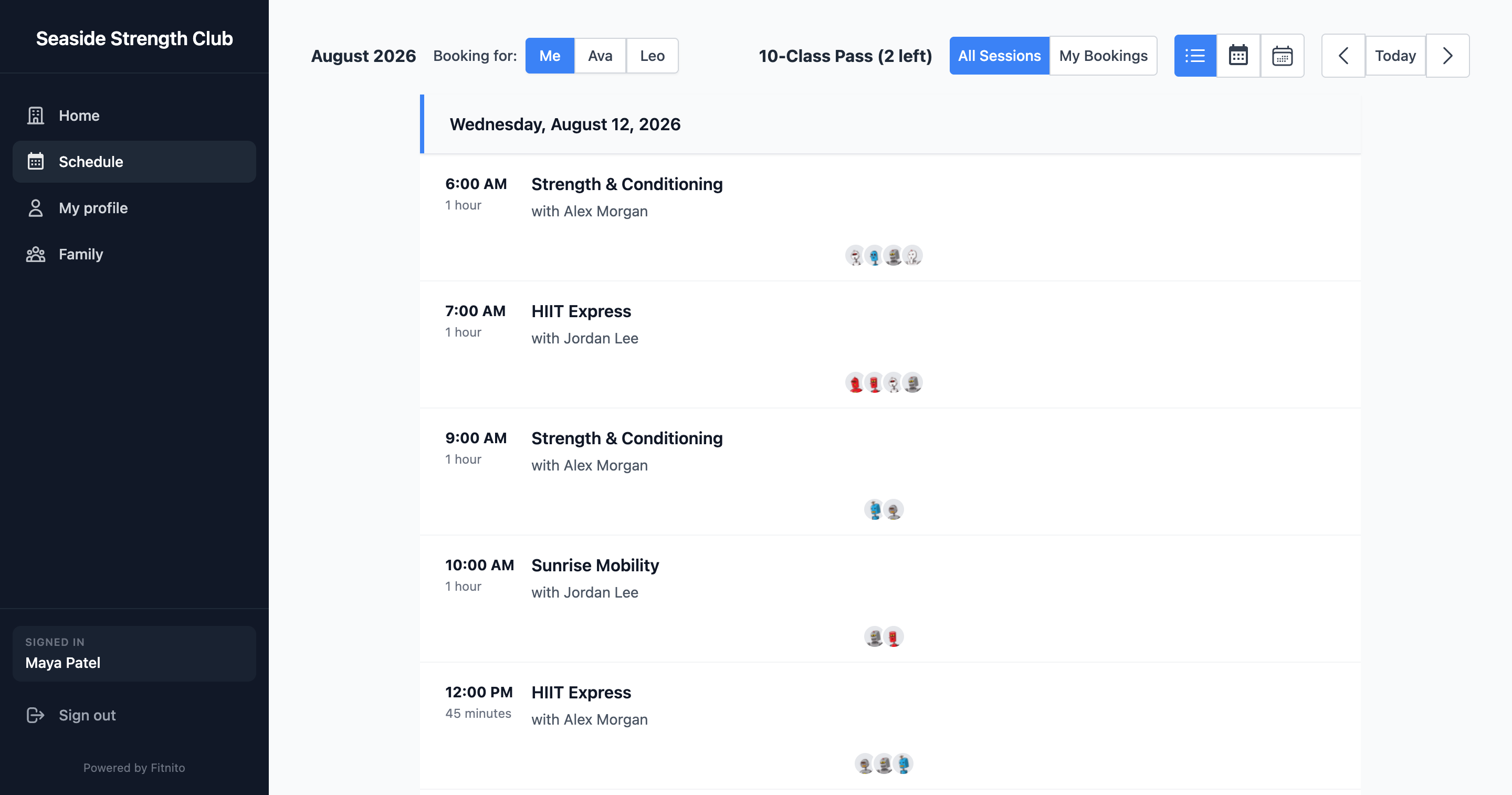Member list view showing booked classes