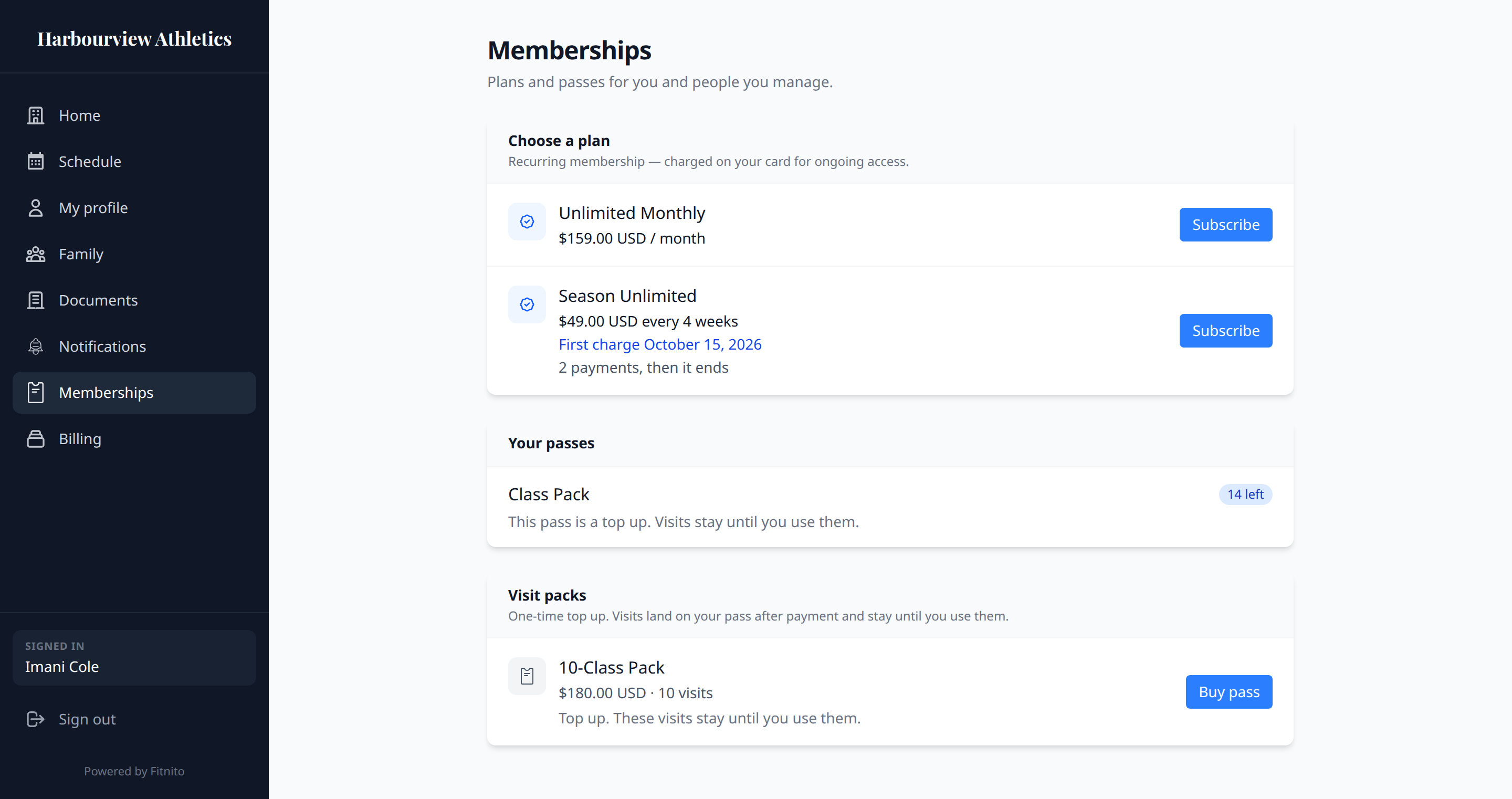 Member Memberships page showing First charge on a date and that the plan stops after a set number of payments