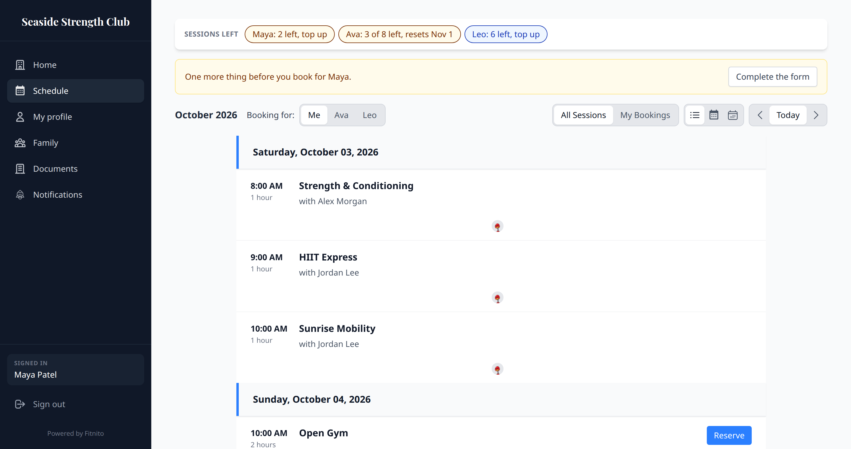 Schedule with sessions left for two athletes, one running low