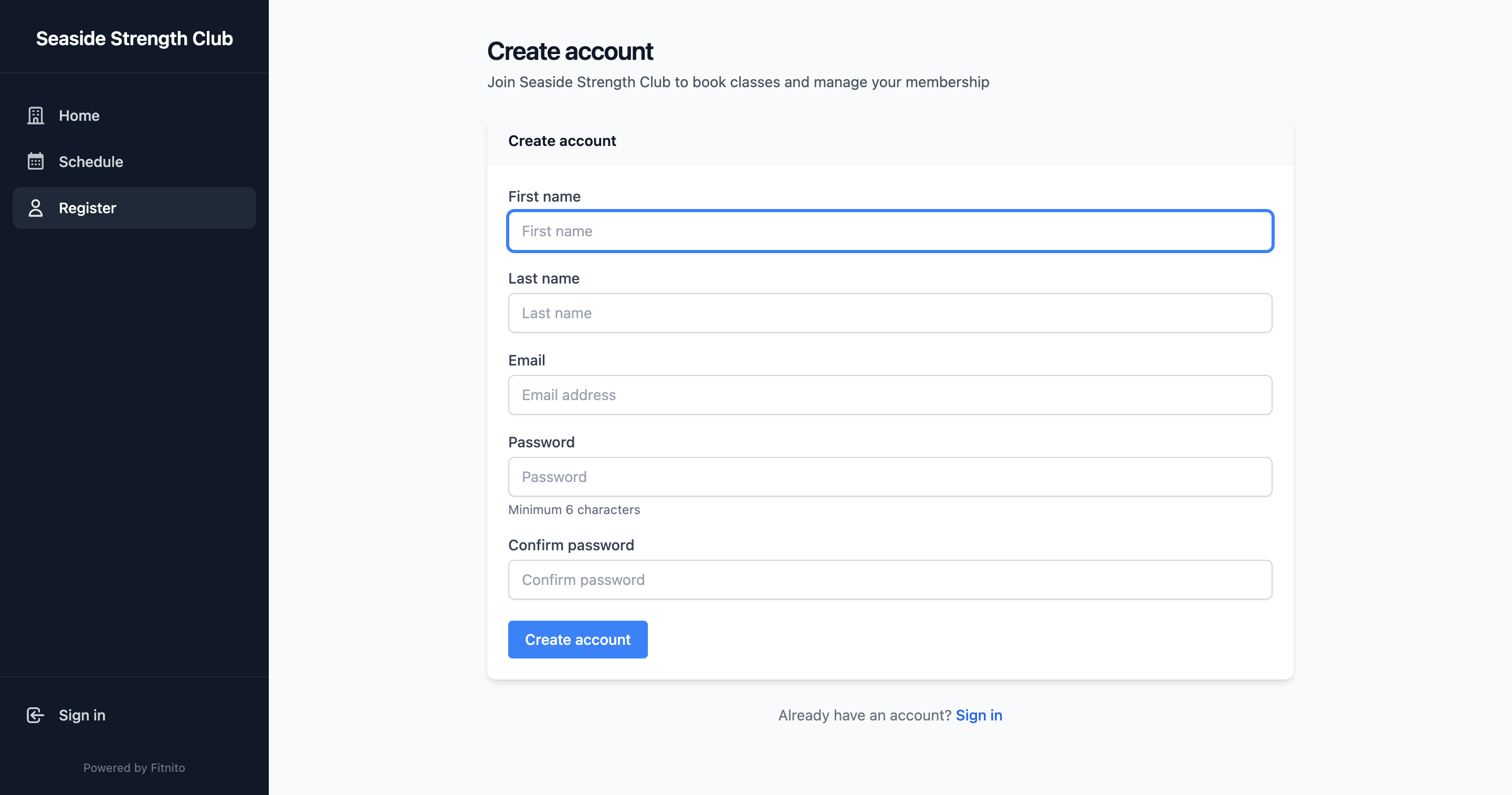 Member signup form on a gym booking site
