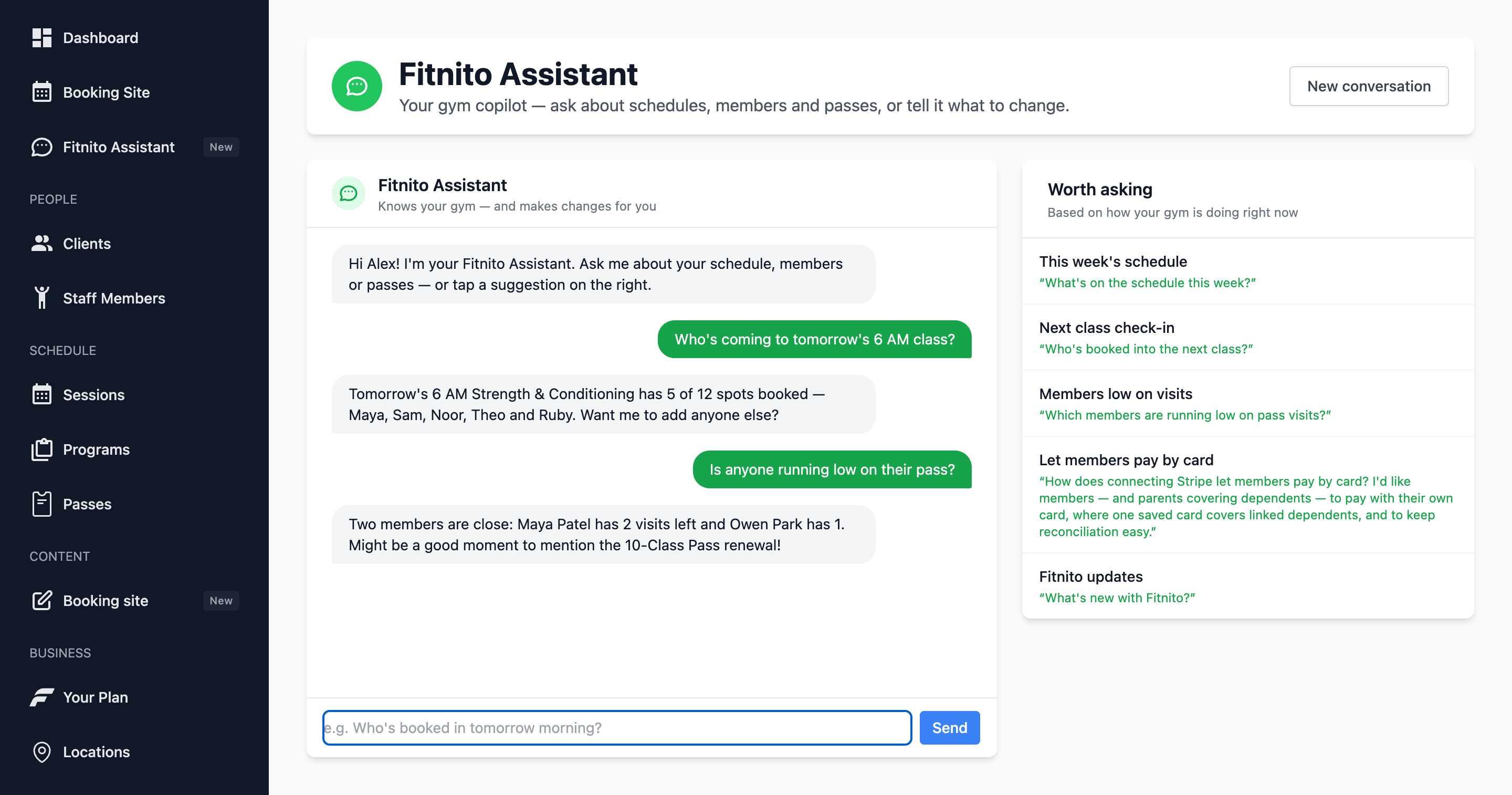 The Fitnito Assistant answering who is booked into tomorrow’s 6 AM class