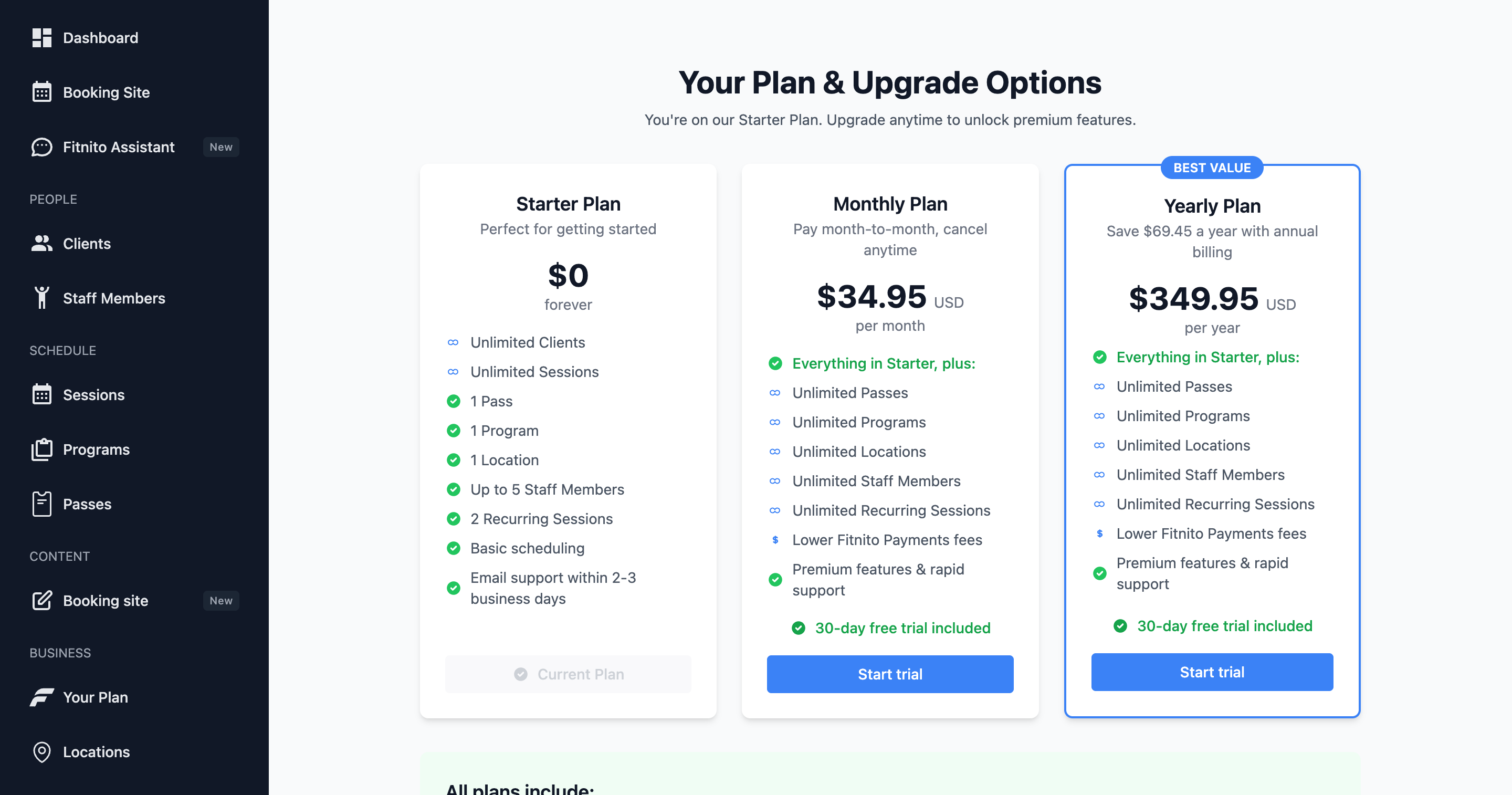 Fitnito subscription billing page for the gym owner