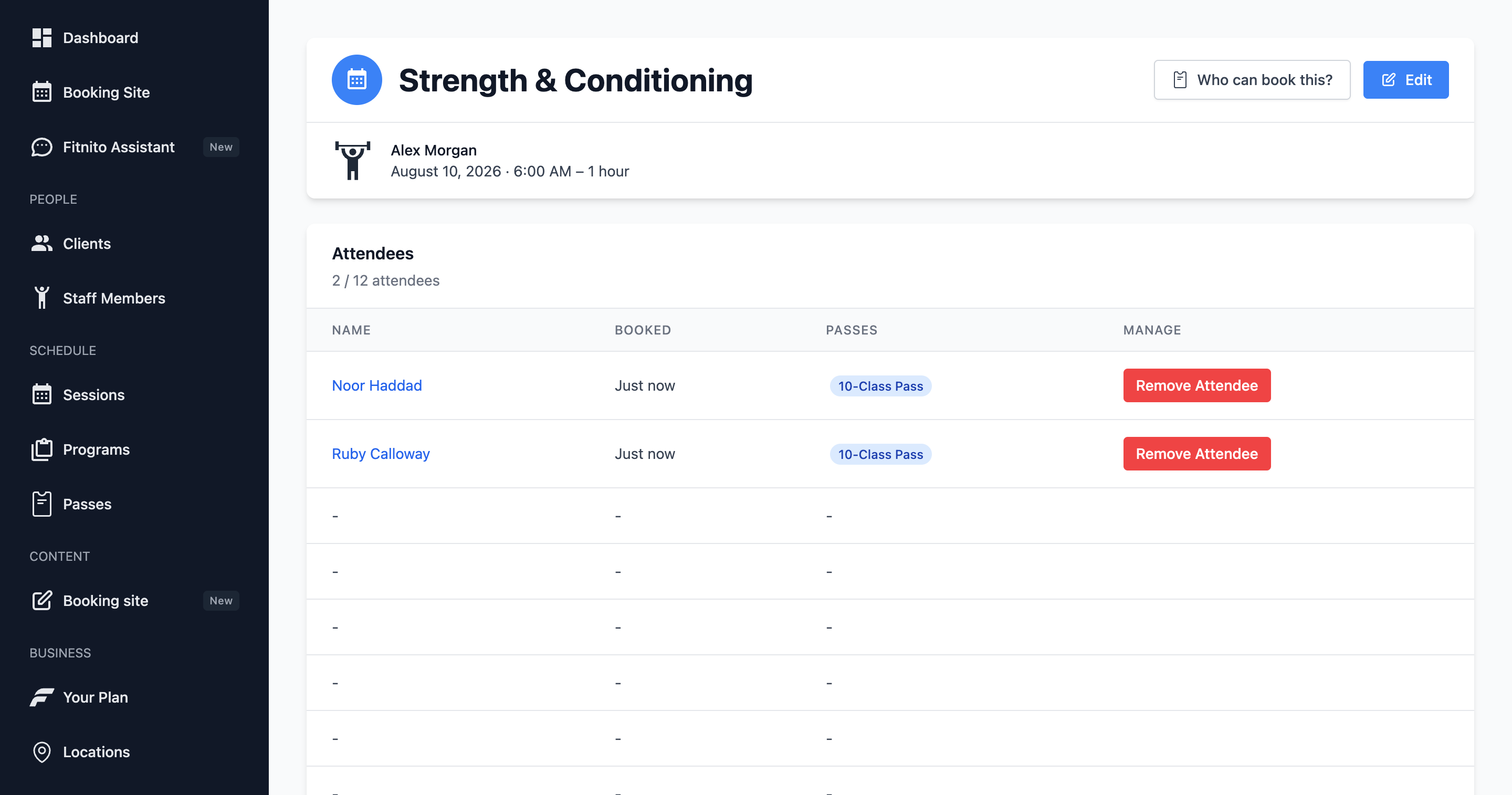 Booking Access panel listing pass types and products that can book a class