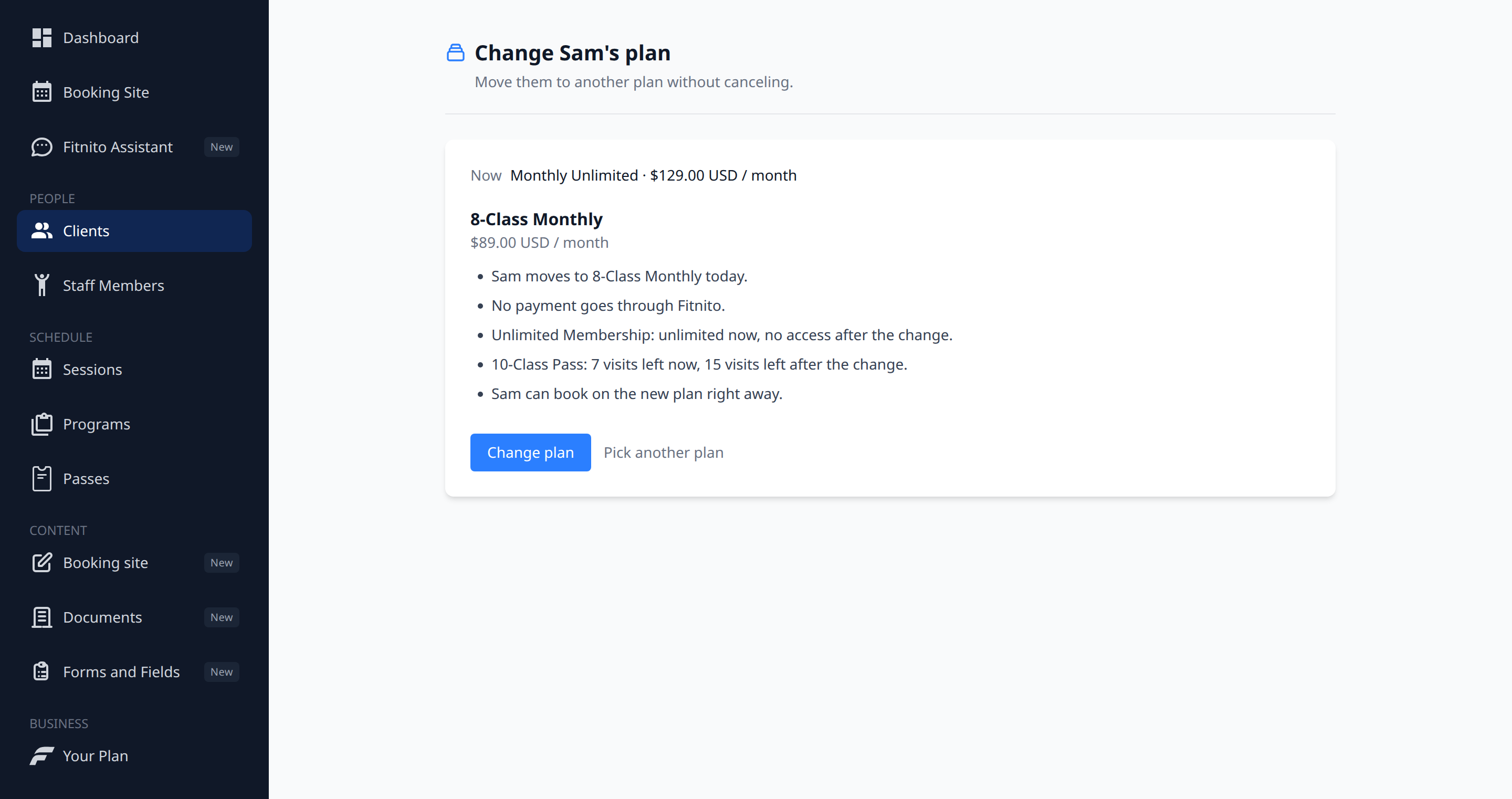 Change plan preview with no Fitnito payment and visit counts