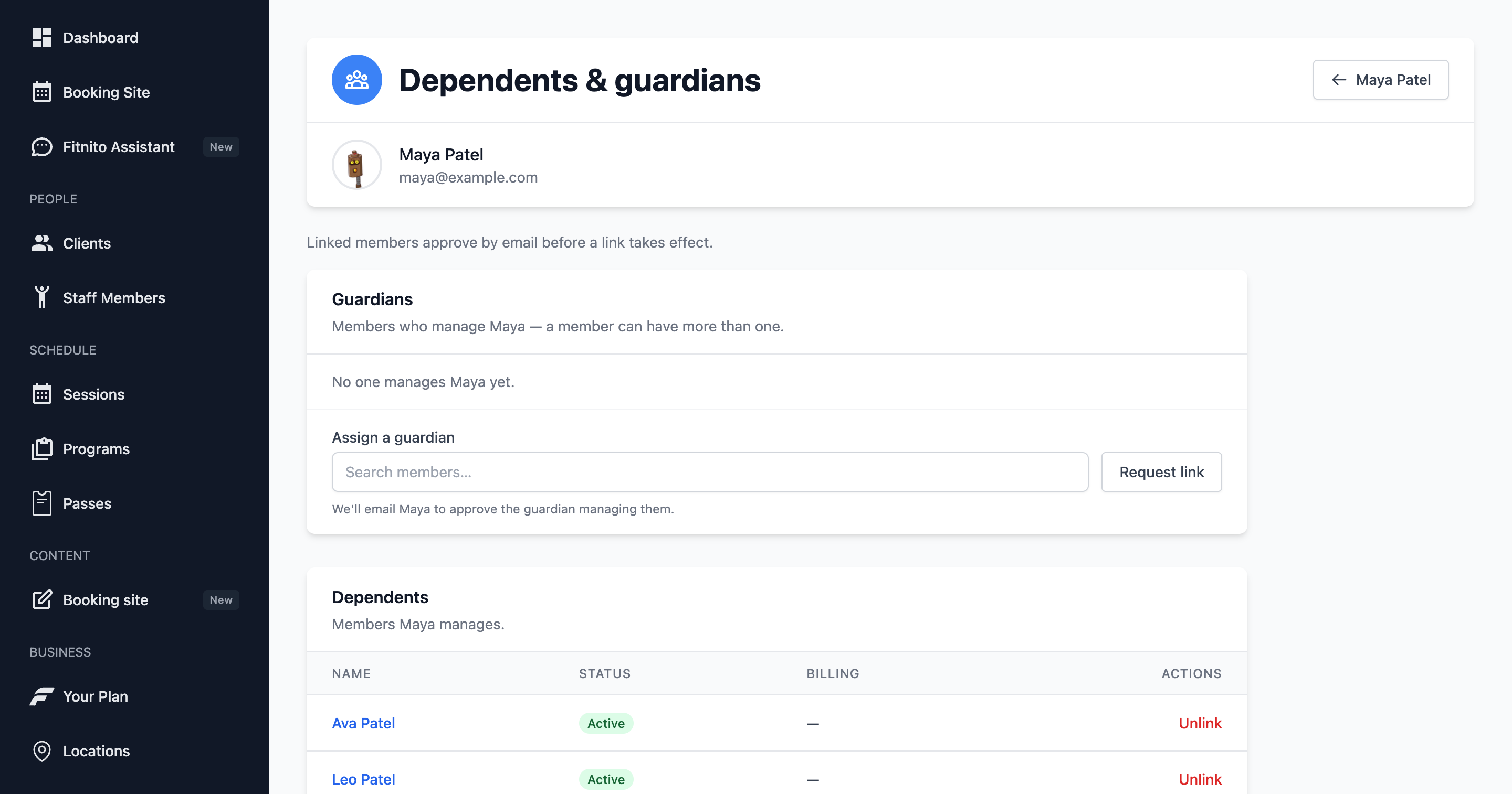 Staff-managed dependent links on a member profile
