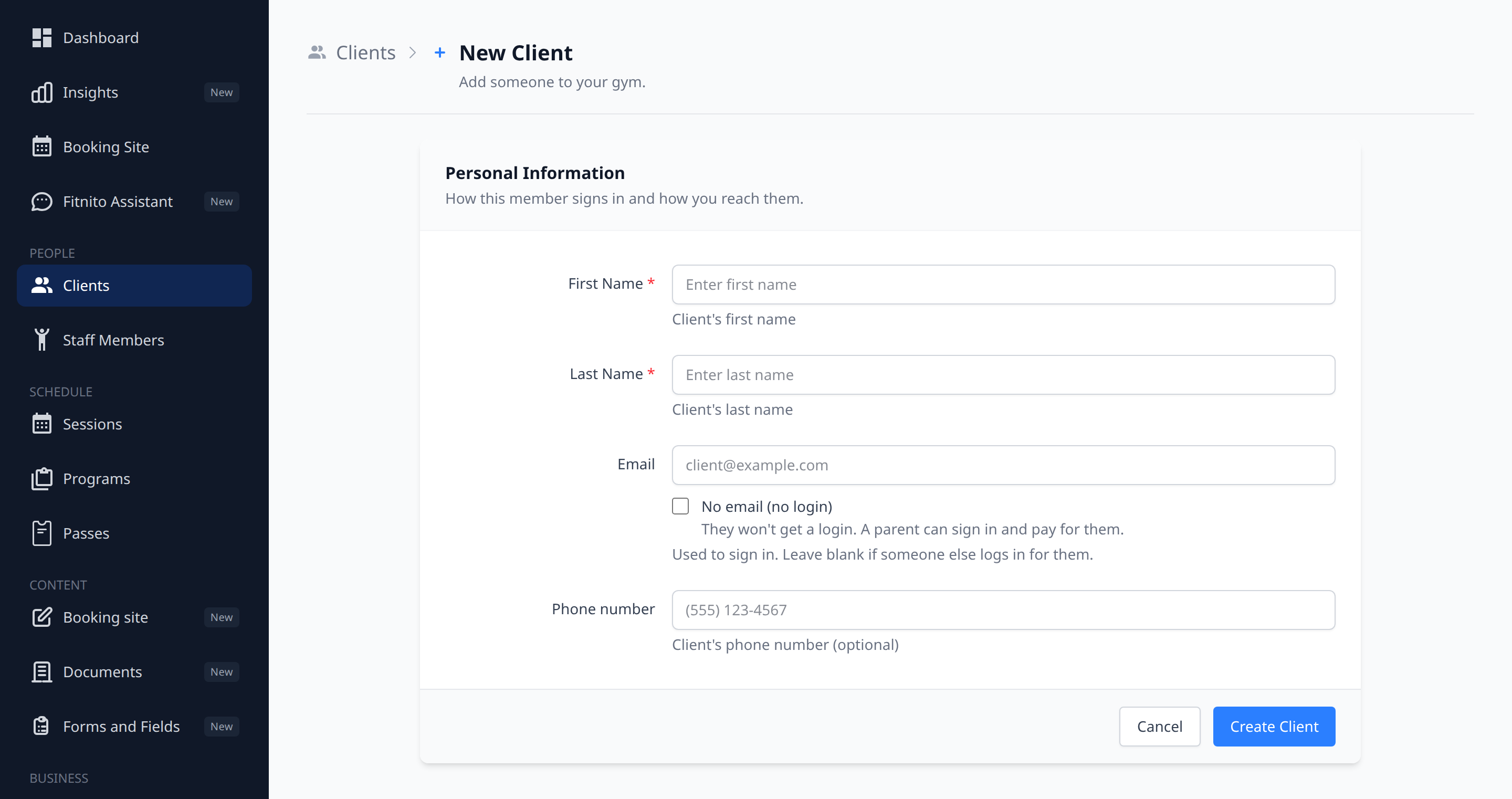 Add client form with a No email checkbox