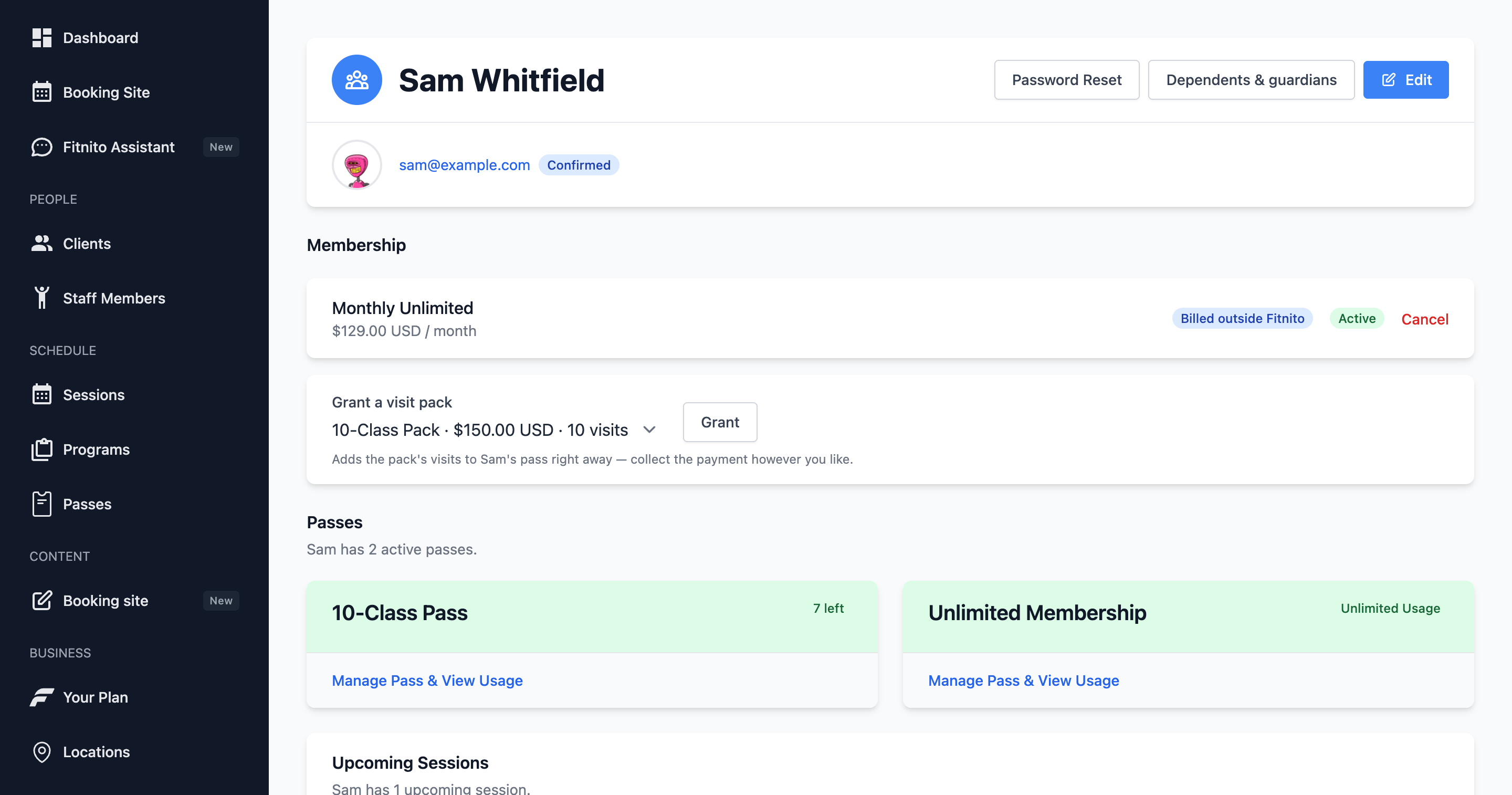 Grant visit pack action on a member profile
