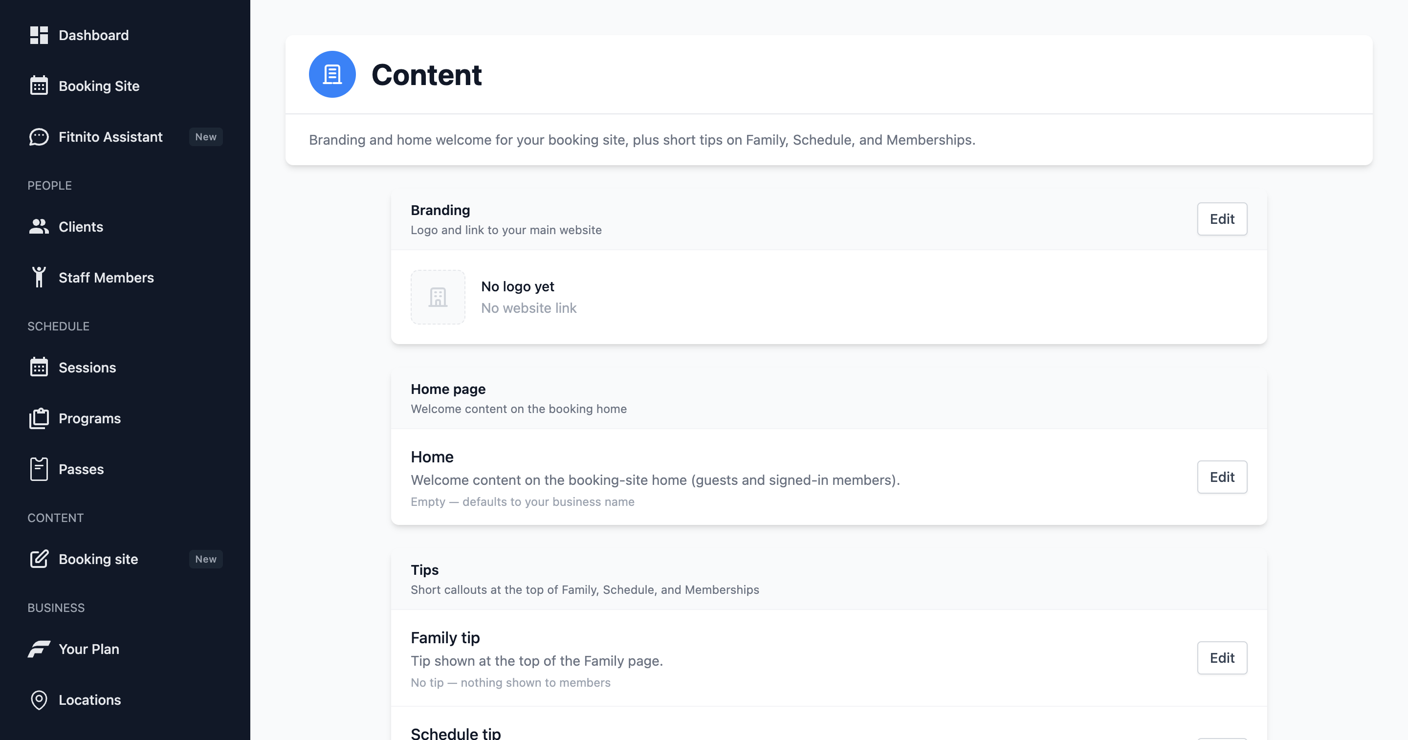 Booking-site Content page with branding and page copy