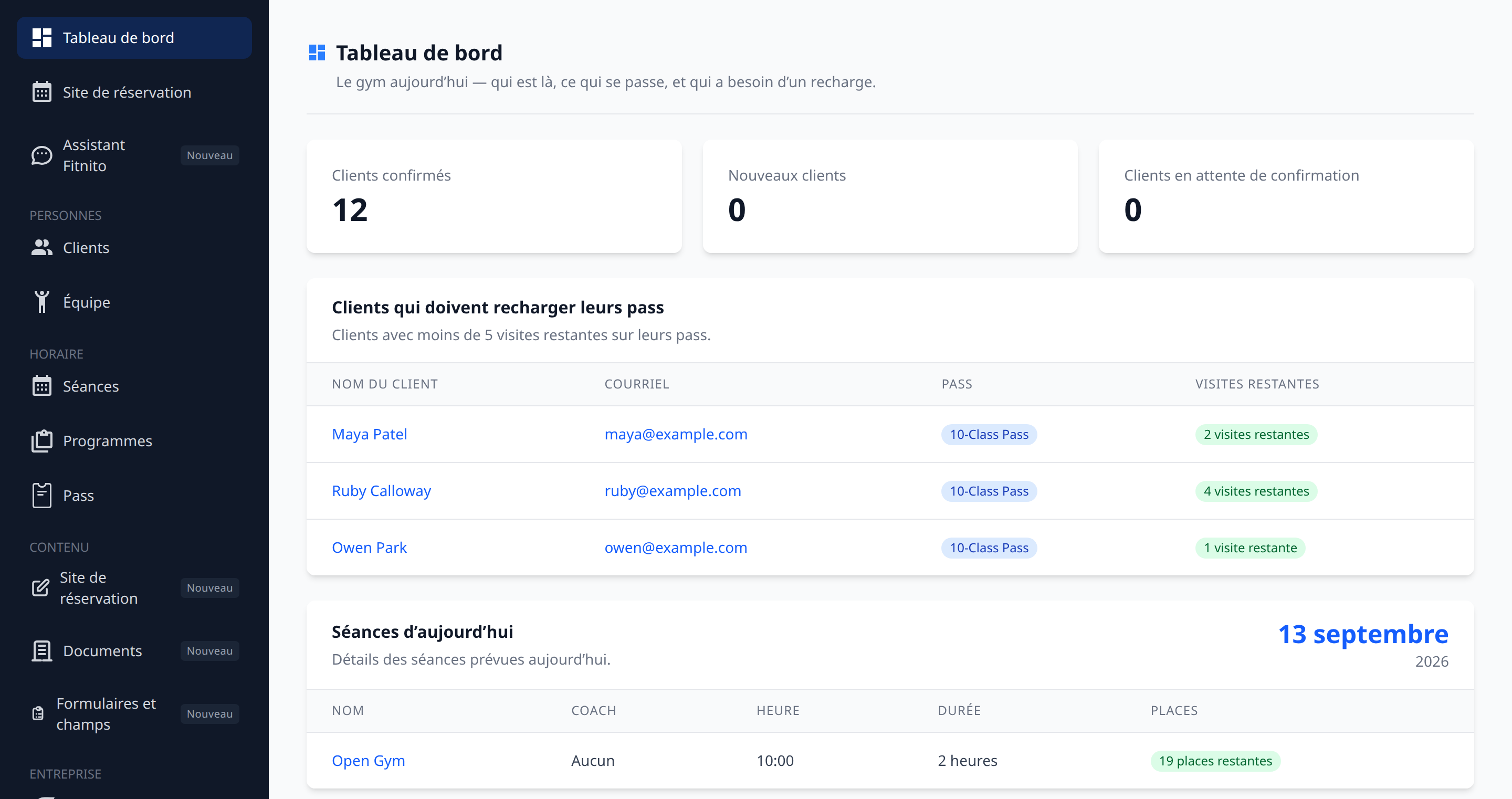 Gym console dashboard in French (Tableau de bord)