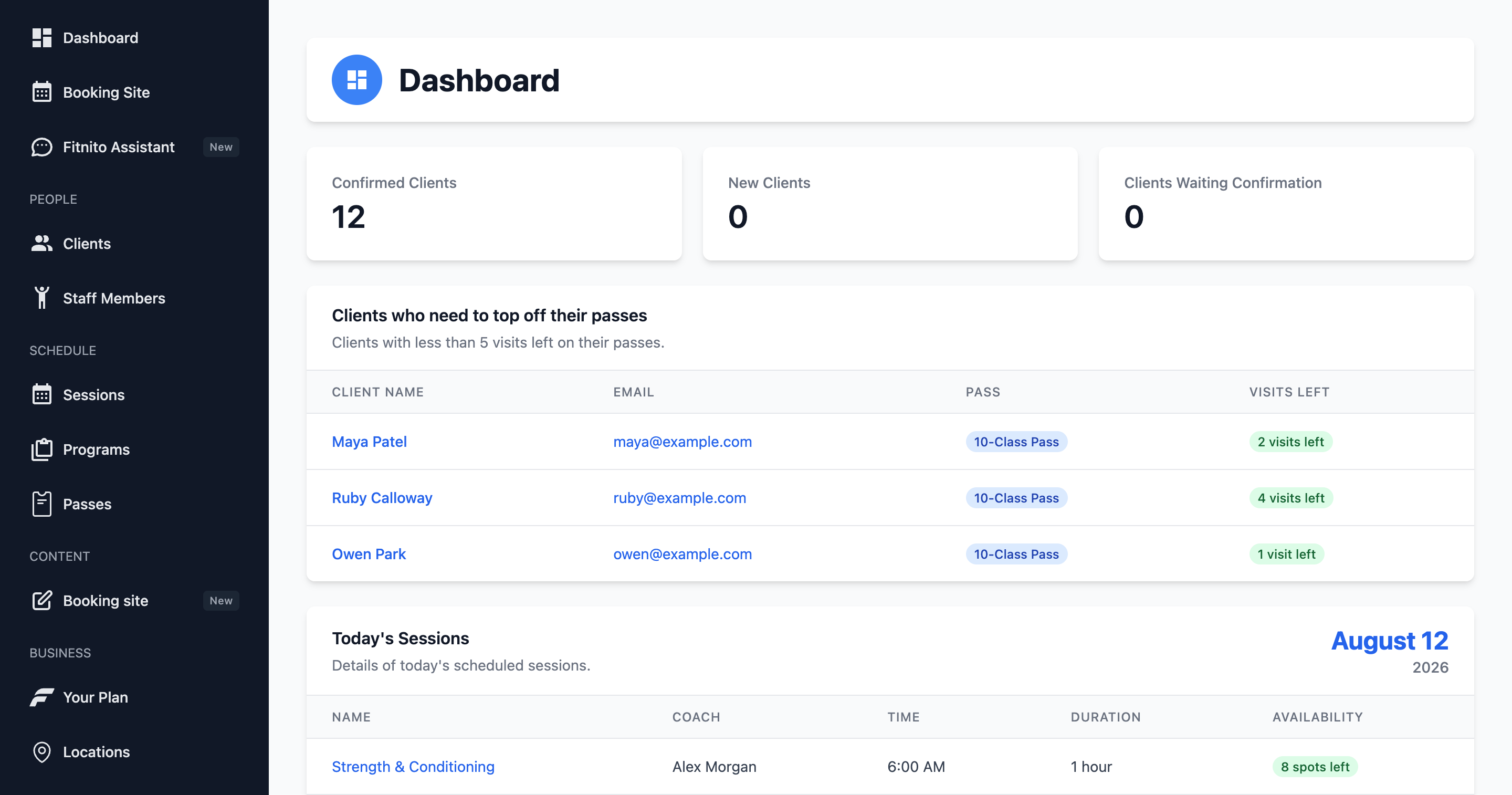 The Fitnito owner dashboard with today’s classes and members to follow up