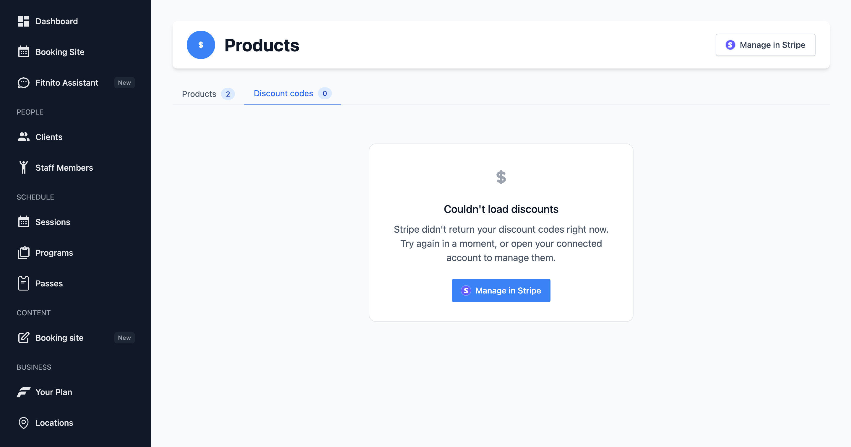 Products Discount codes tab listing Stripe coupons