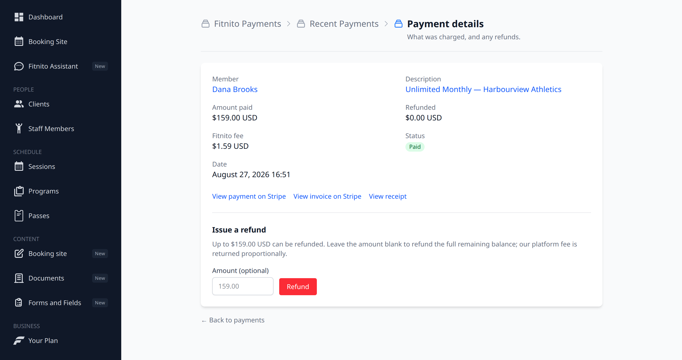 A member payment with links to the Stripe invoice and receipt