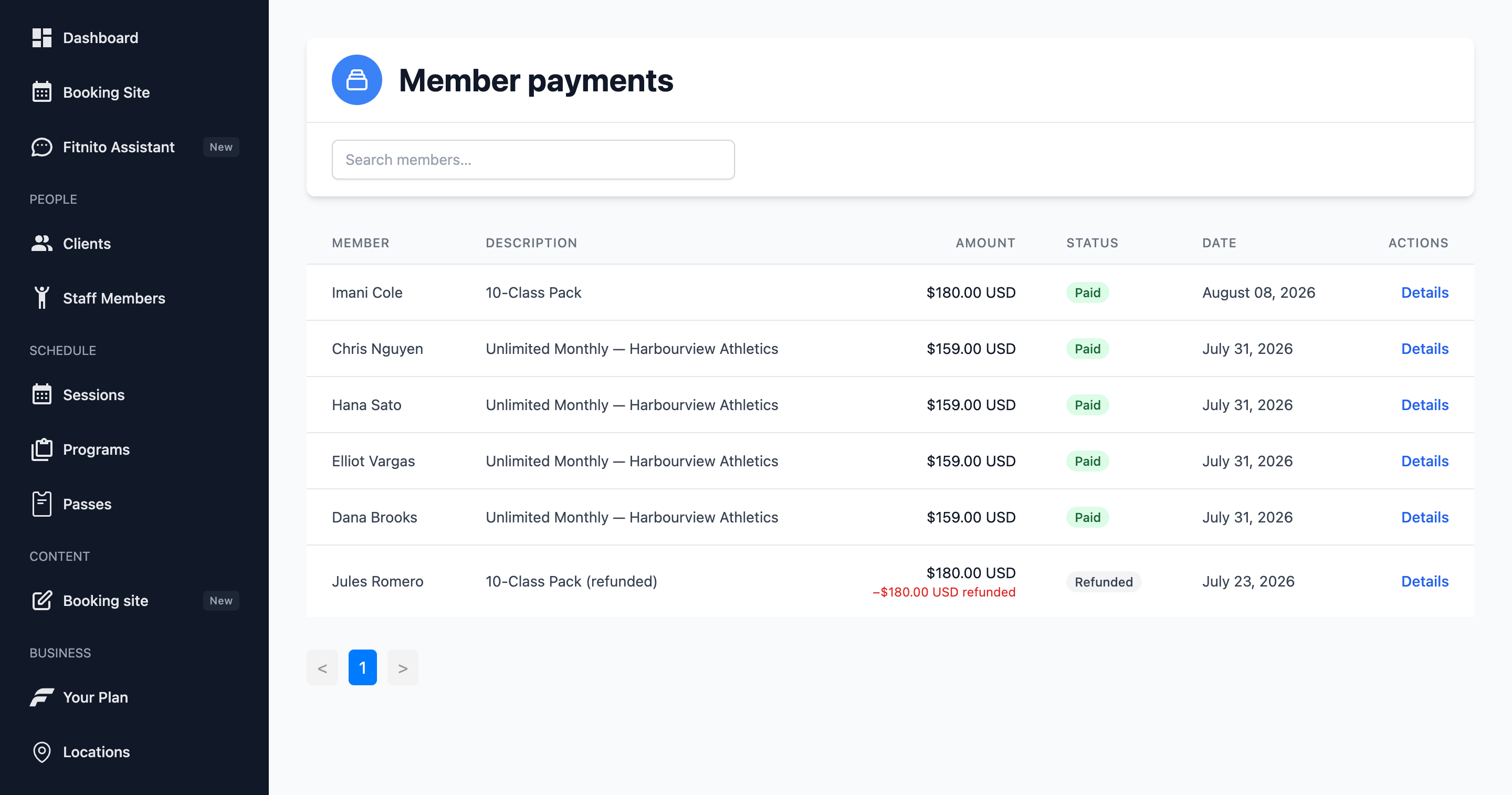 Member invoices list with paid and refunded payments