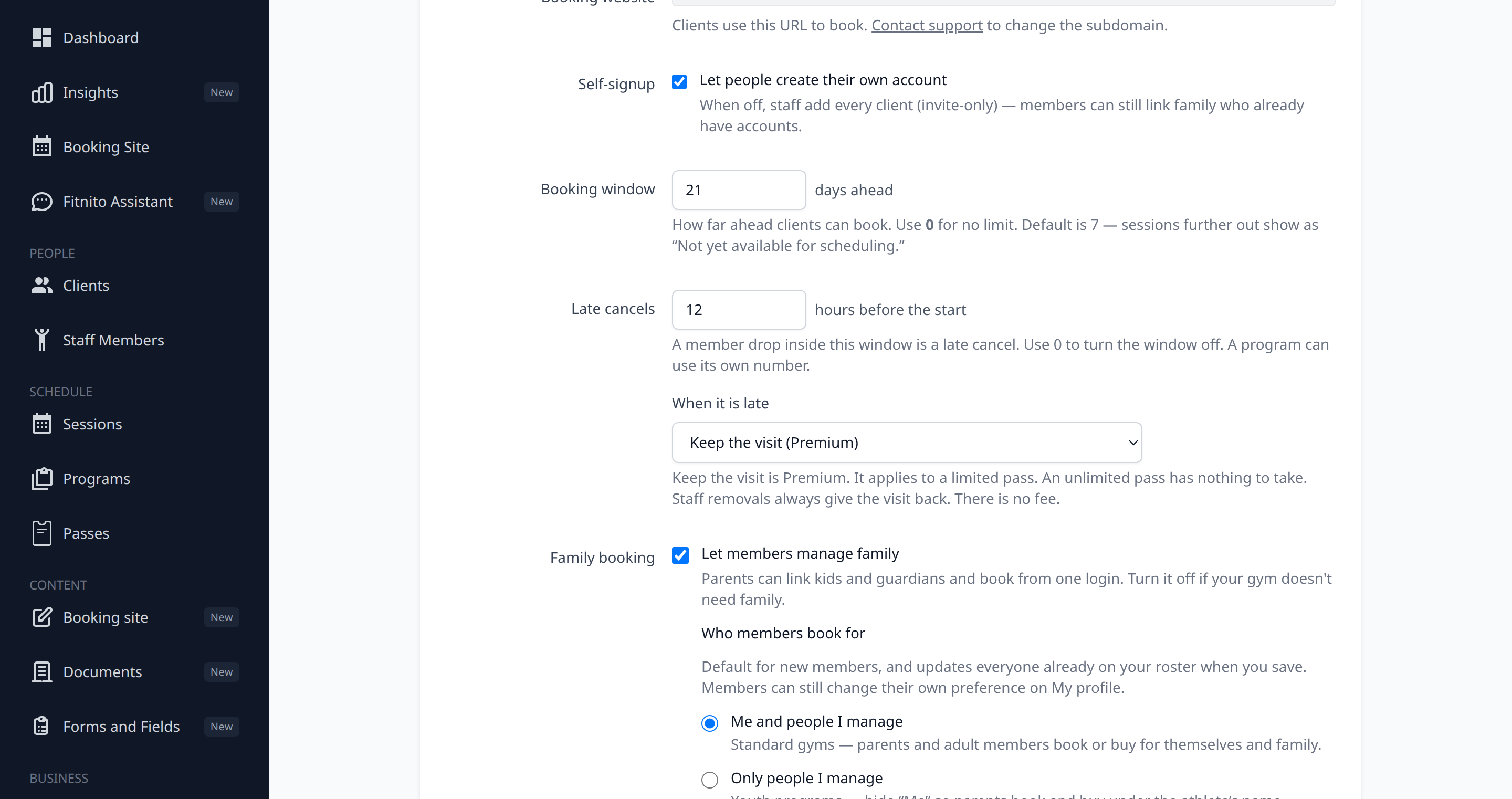 Settings Booking section with the late-cancel window and the keep-the-visit choice