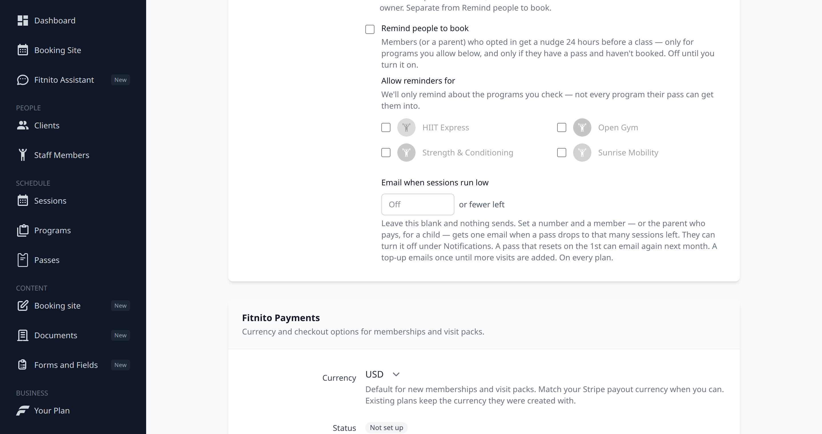 Settings field for emailing members when sessions run low