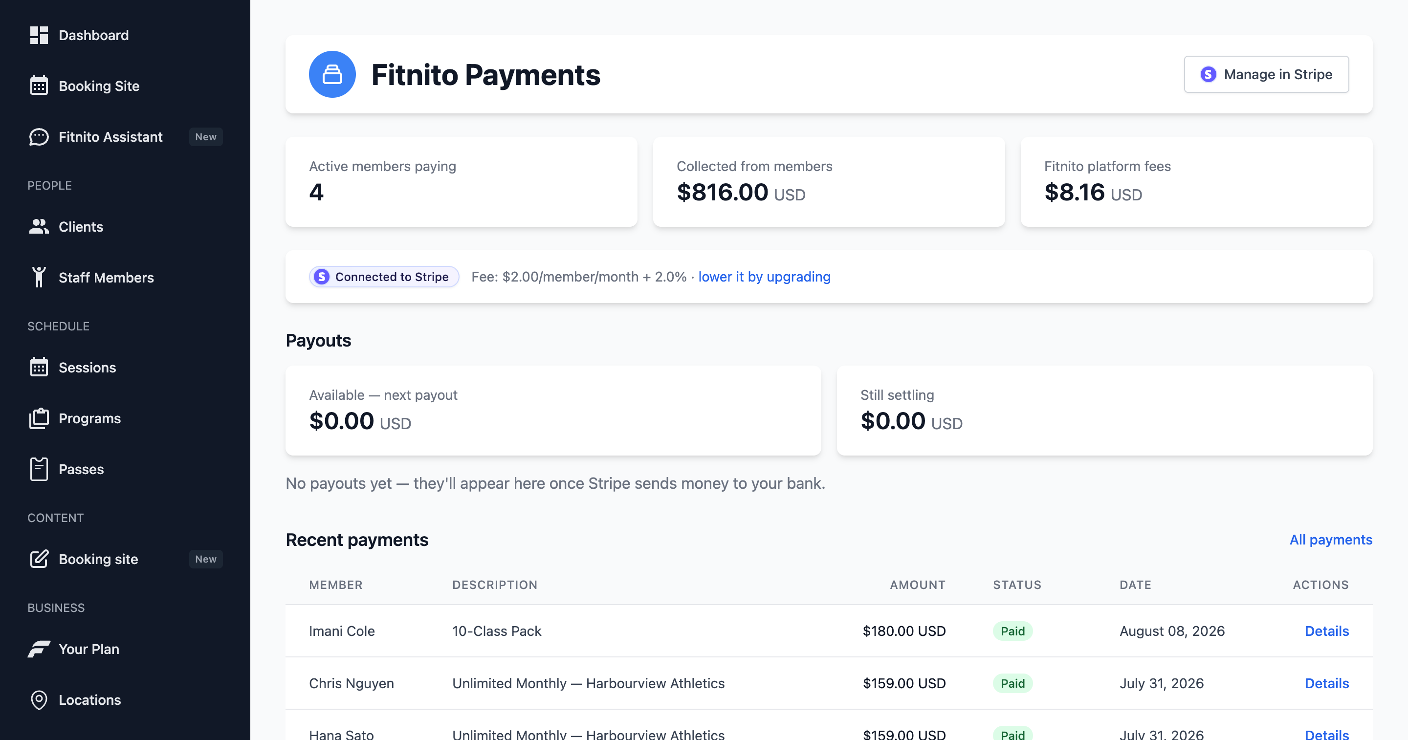 Fitnito Payments settings showing Stripe Connect and member billing toggle