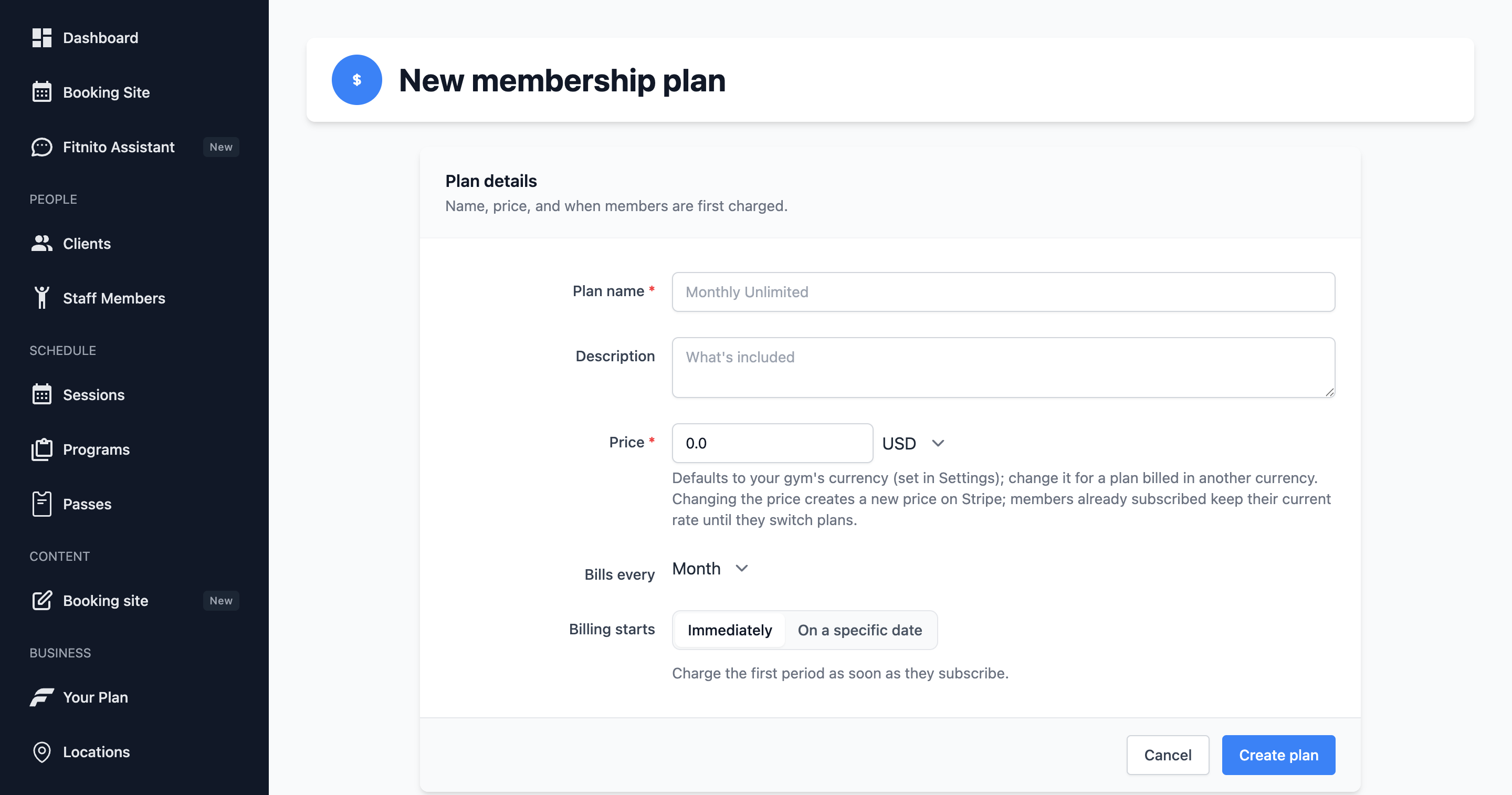 New membership plan form with price, interval, and pass types