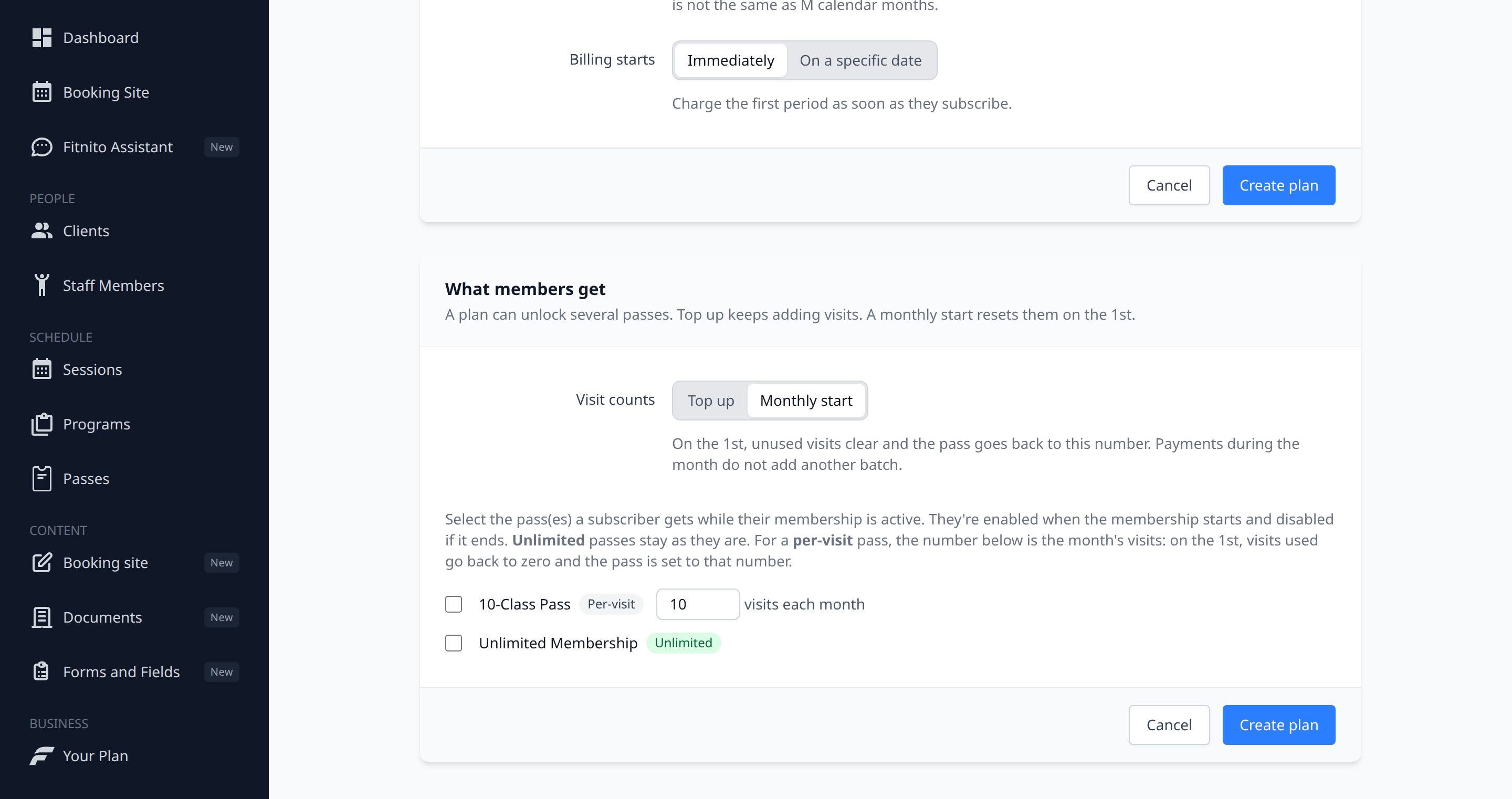 Membership plan form with Monthly start selected