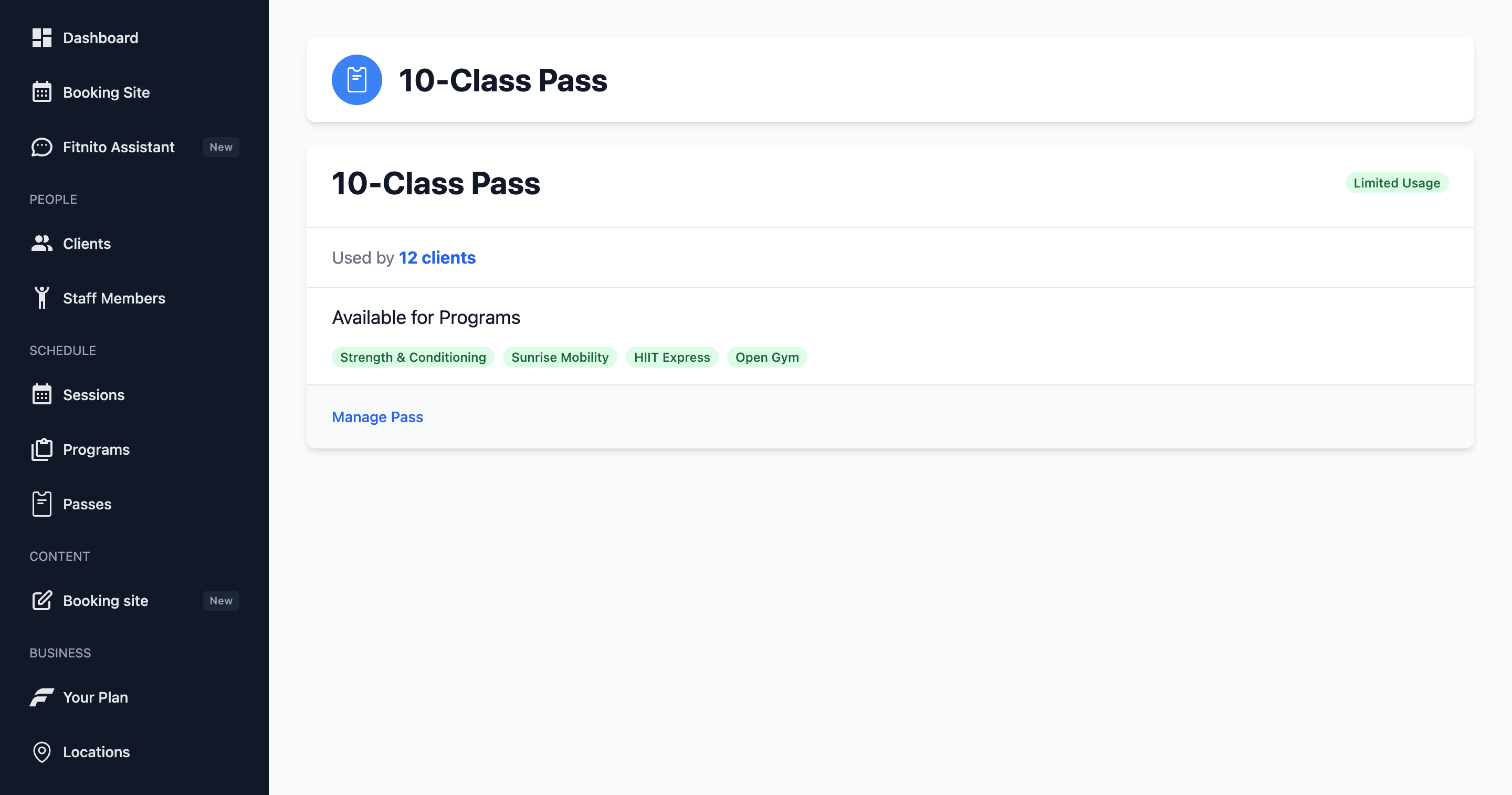 A pass type page listing which programs it unlocks