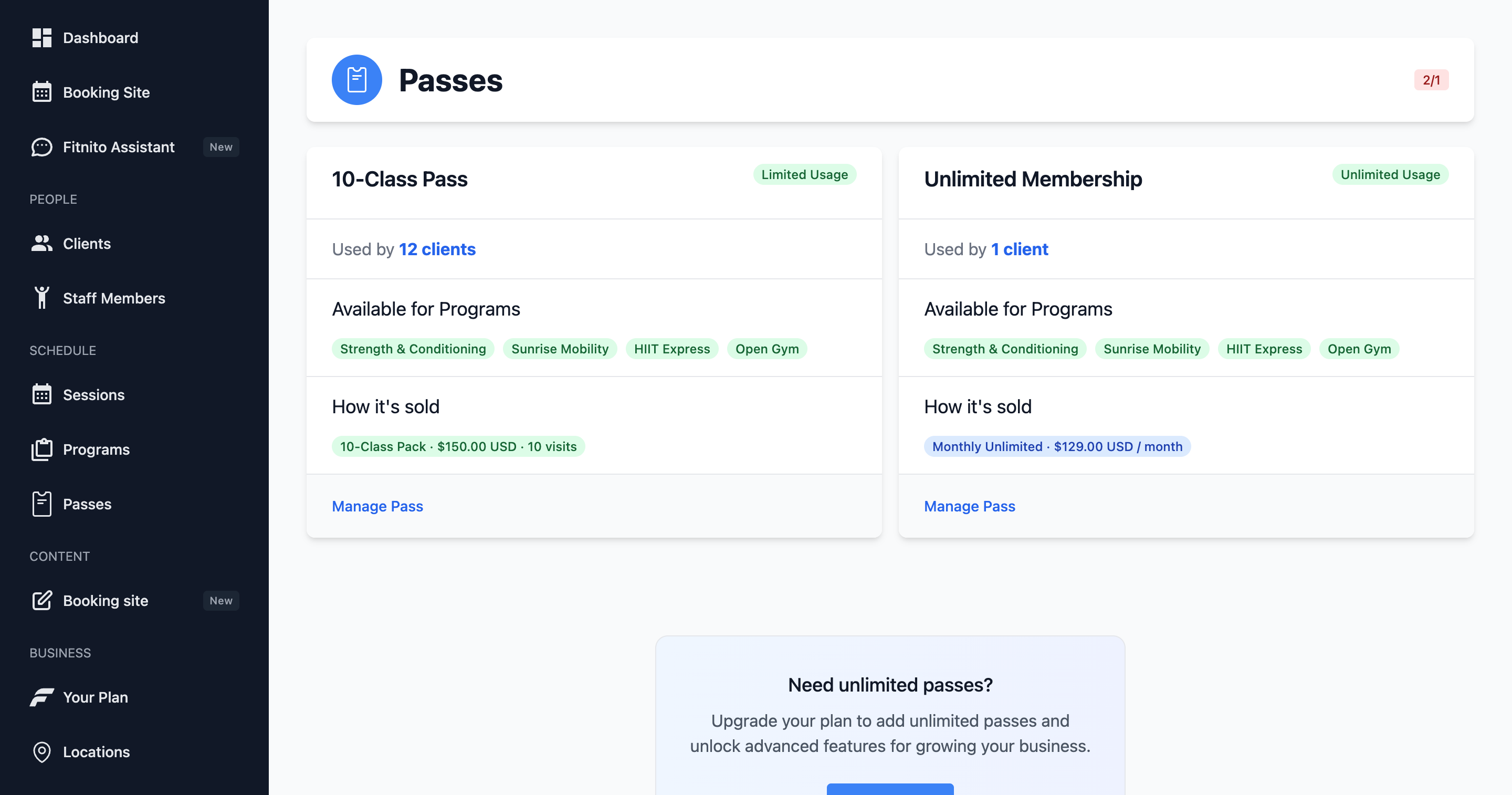 Passes list showing members and visits remaining