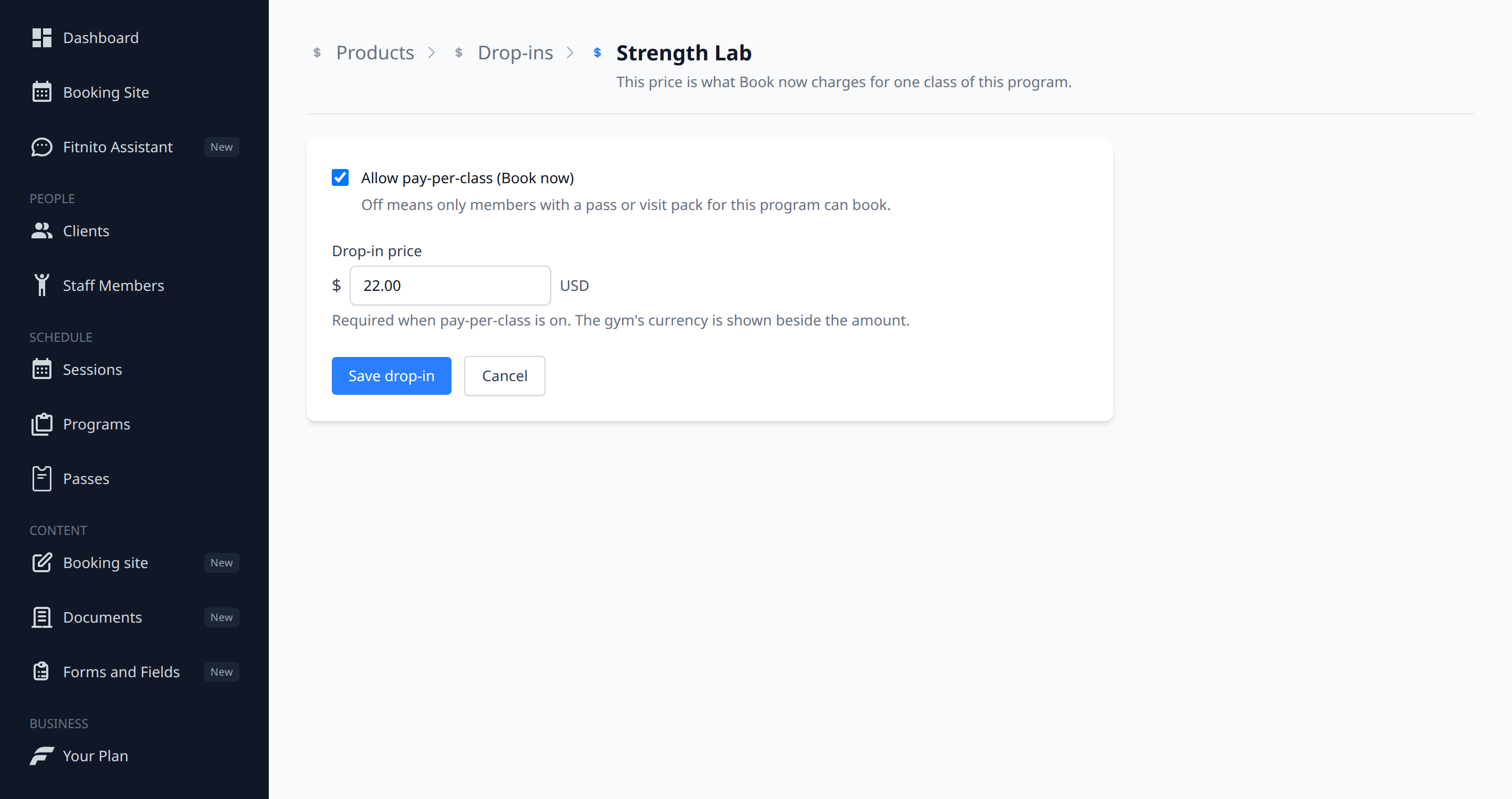 Drop-in price form with a leading dollar sign and the gym currency