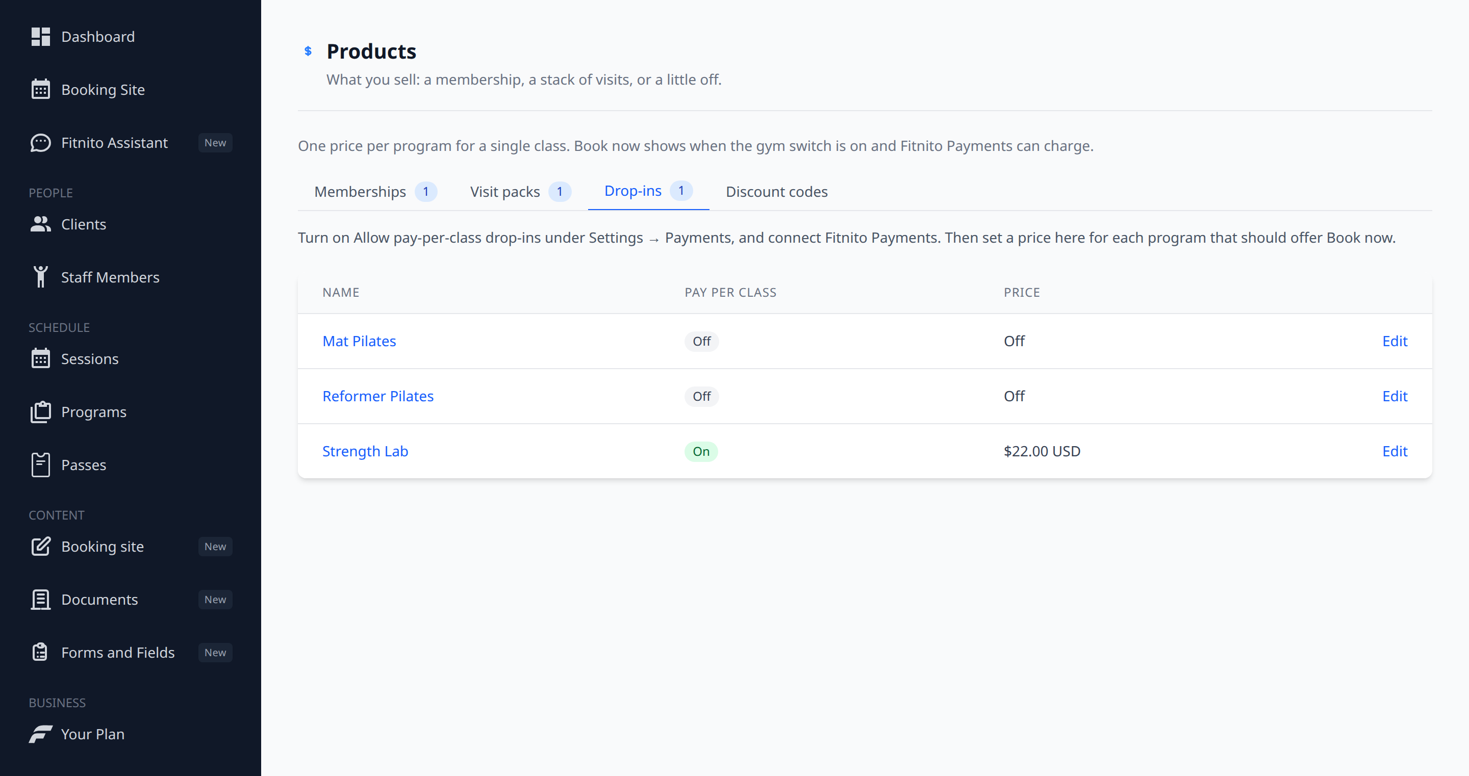 Products Drop-ins tab with how-to copy and a table of programs and prices