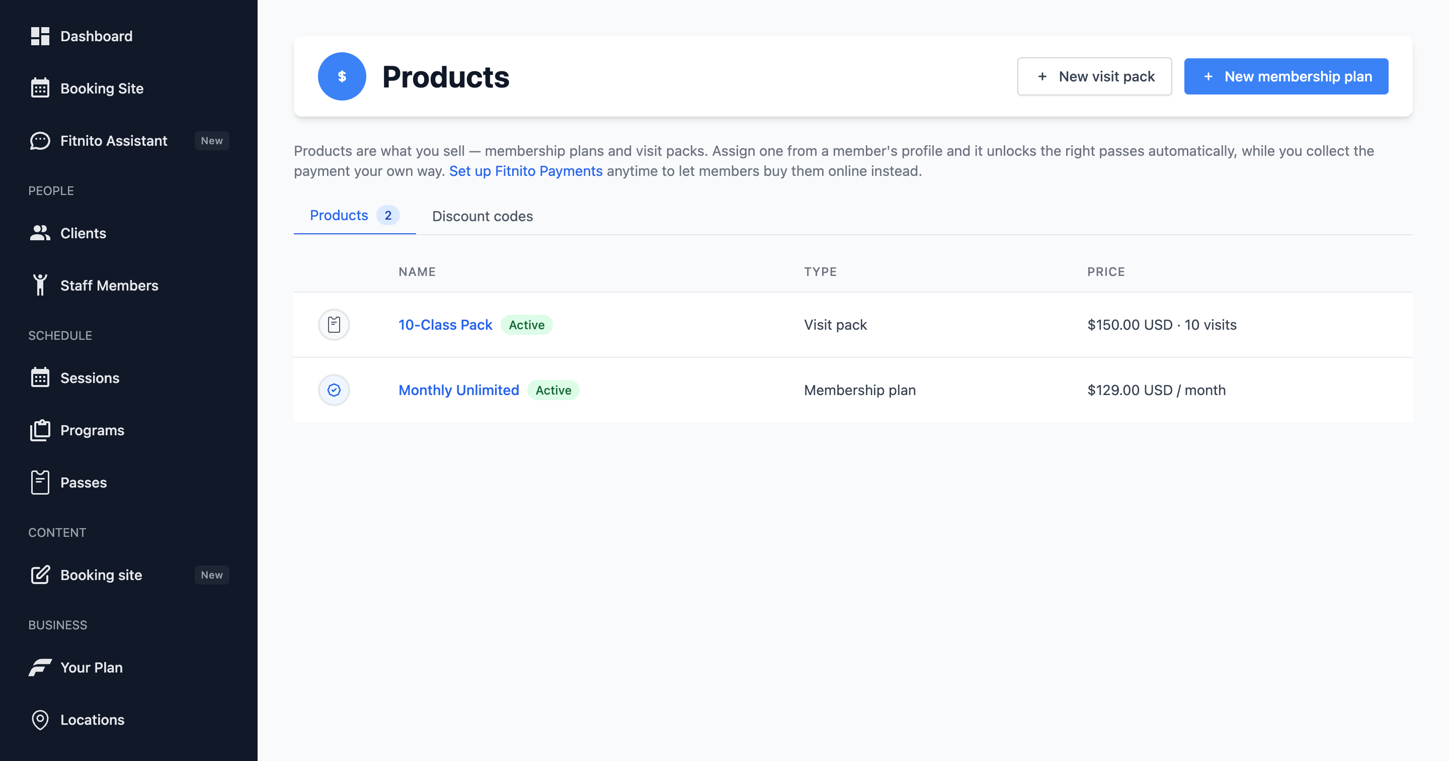 Products page listing membership plans and visit packs