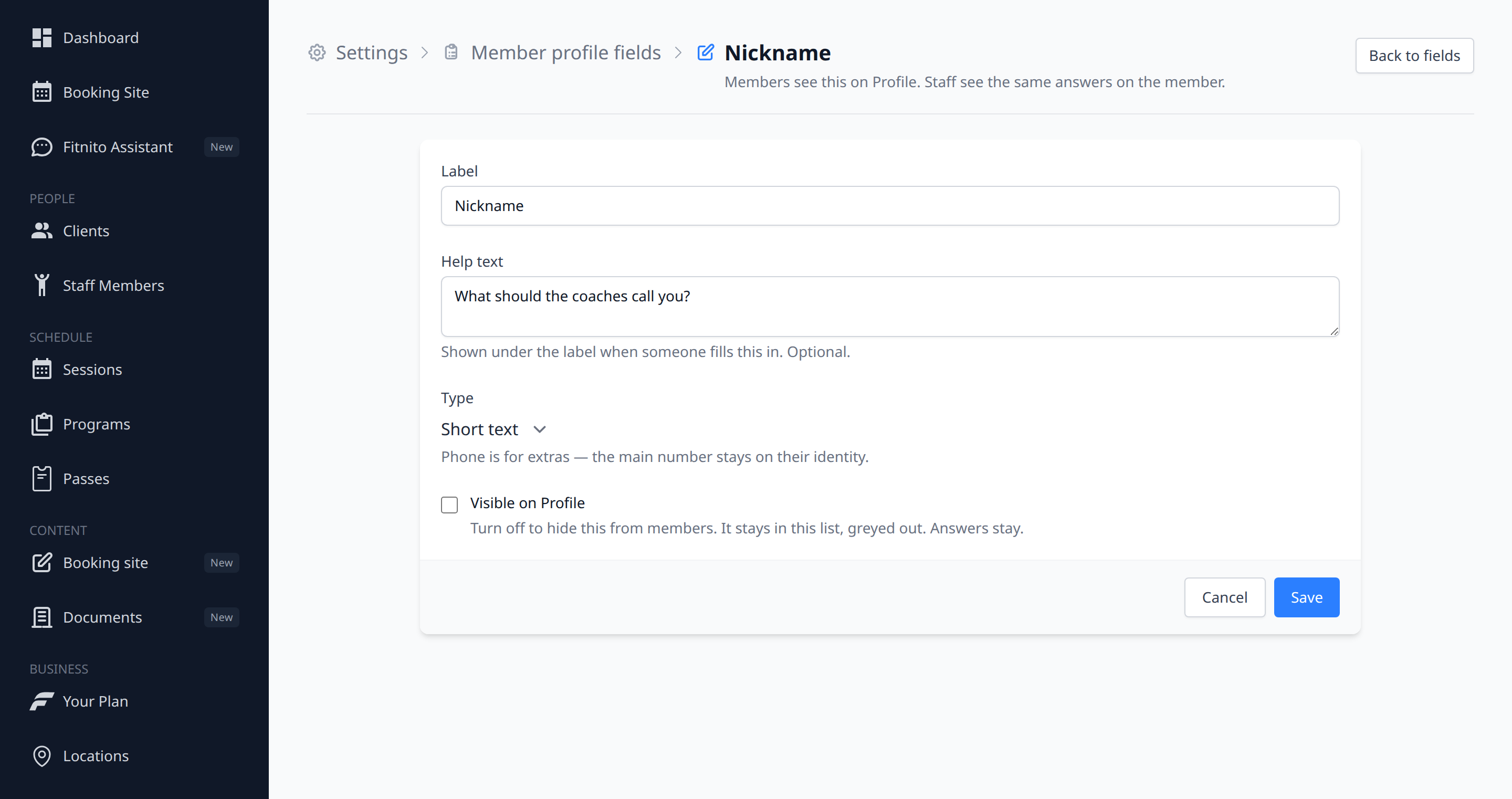 Edit a profile field, including Visible on Profile