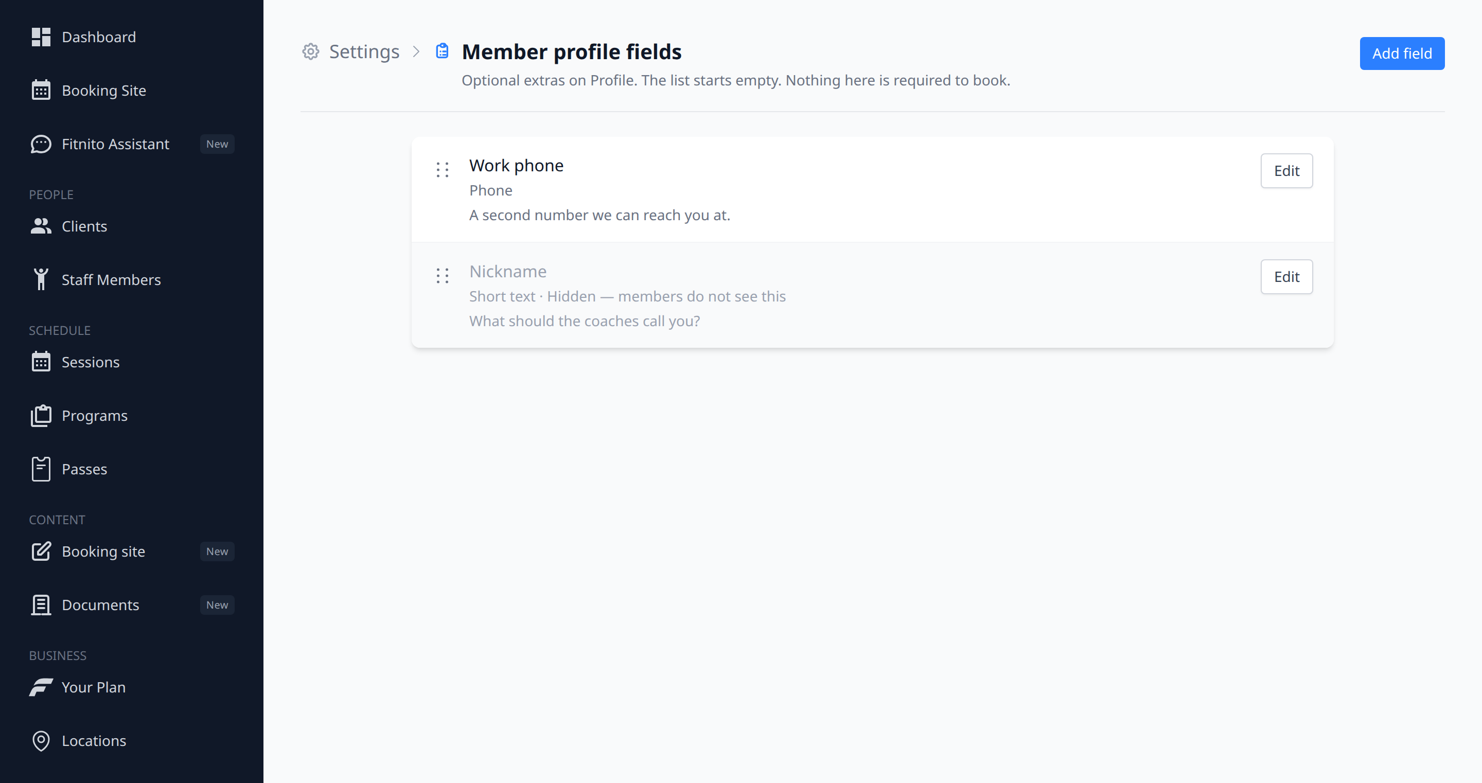 Member profile fields list in Settings