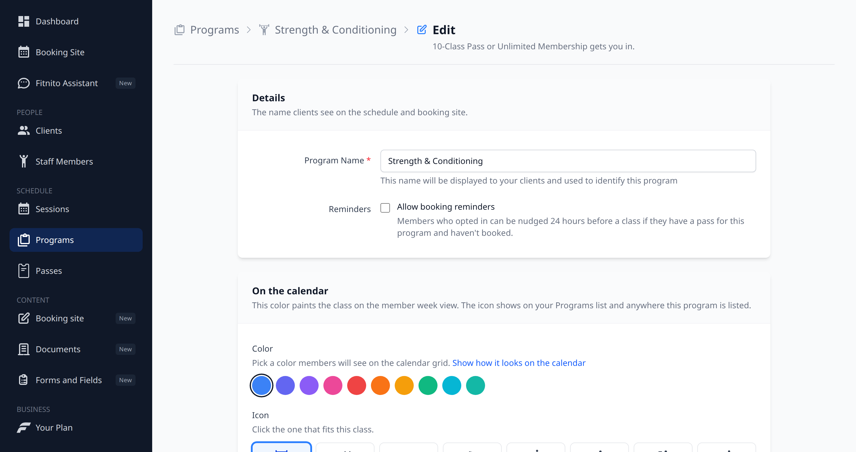 Program form with color dots, an icon picker, and a mini week calendar preview