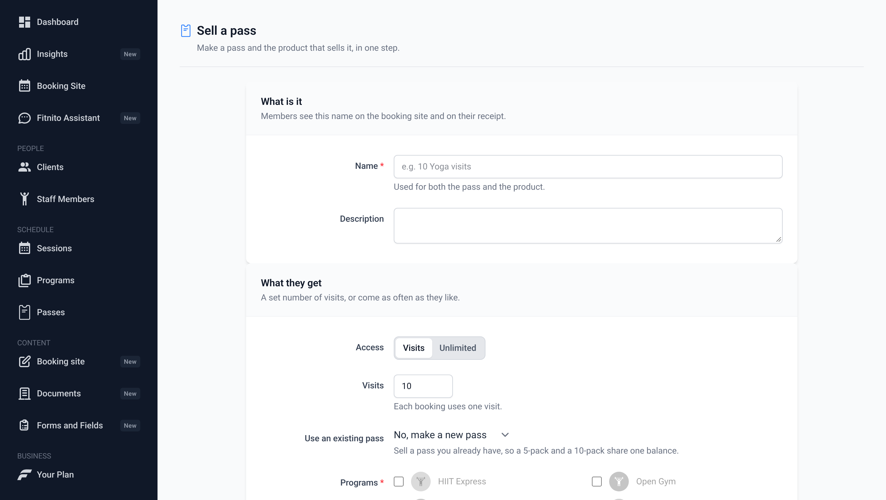 The Sell a pass form with name, visits or unlimited, programs, price, and the summary sentence
